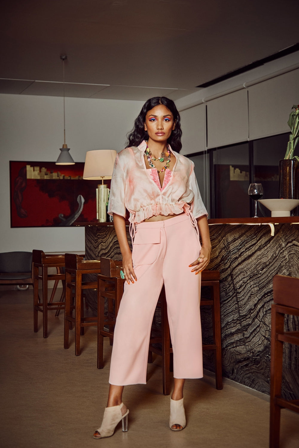 Coral Soft Shell Drawstring Tie-Dye Top With Cropped Trousers