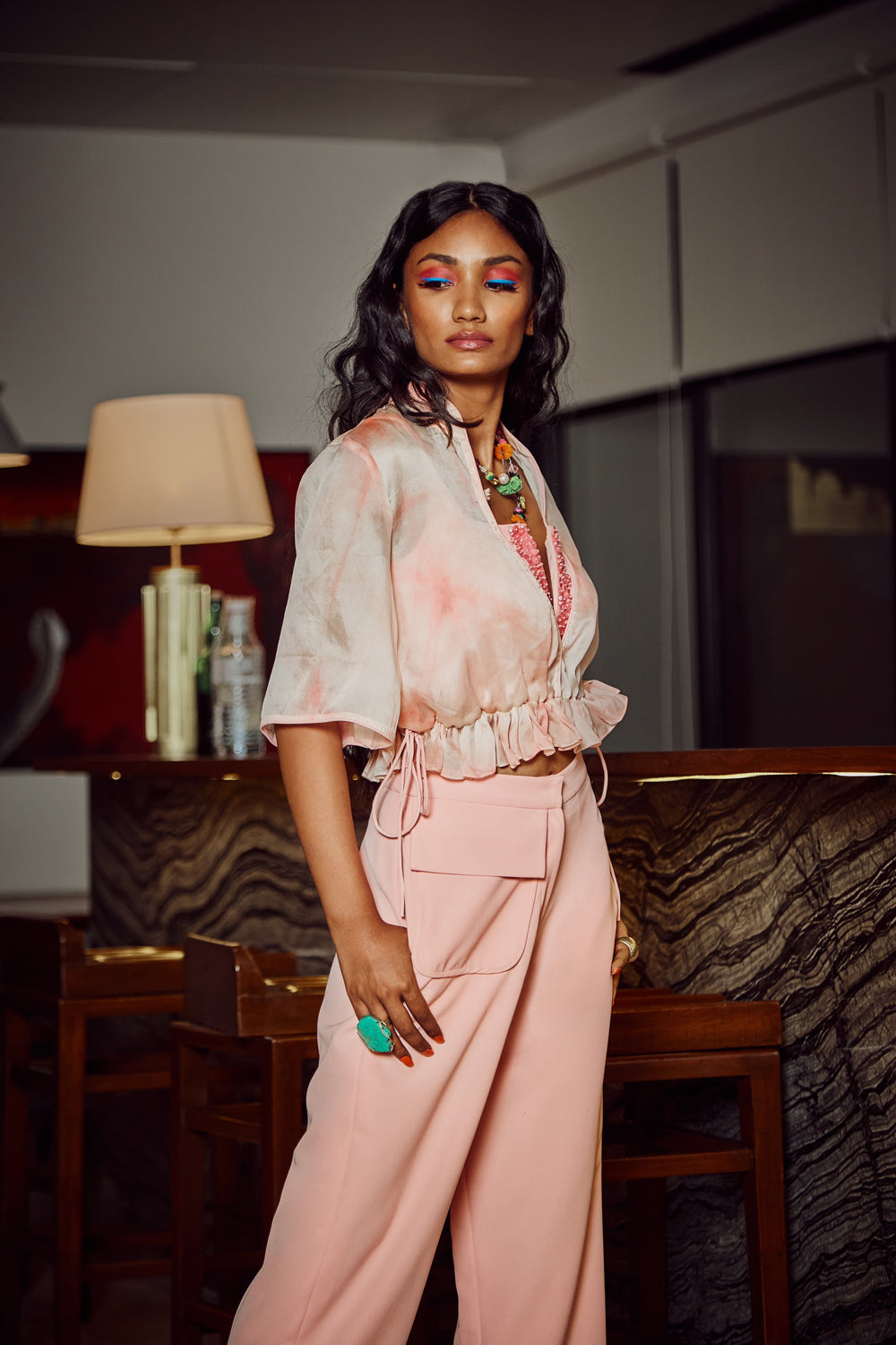 Coral Soft Shell Drawstring Tie-Dye Top With Cropped Trousers