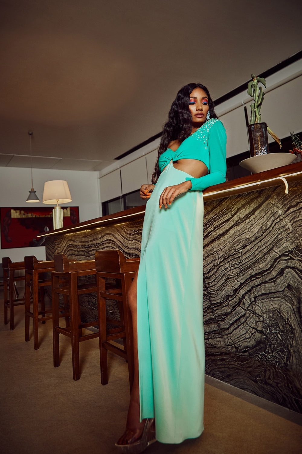 Colour Block Sorbet Mint Green High Slit Gown