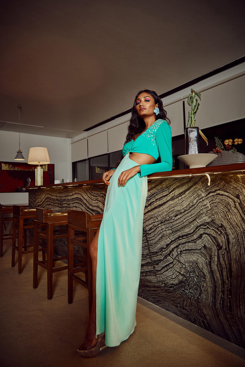 Colour Block Sorbet Mint Green High Slit Gown