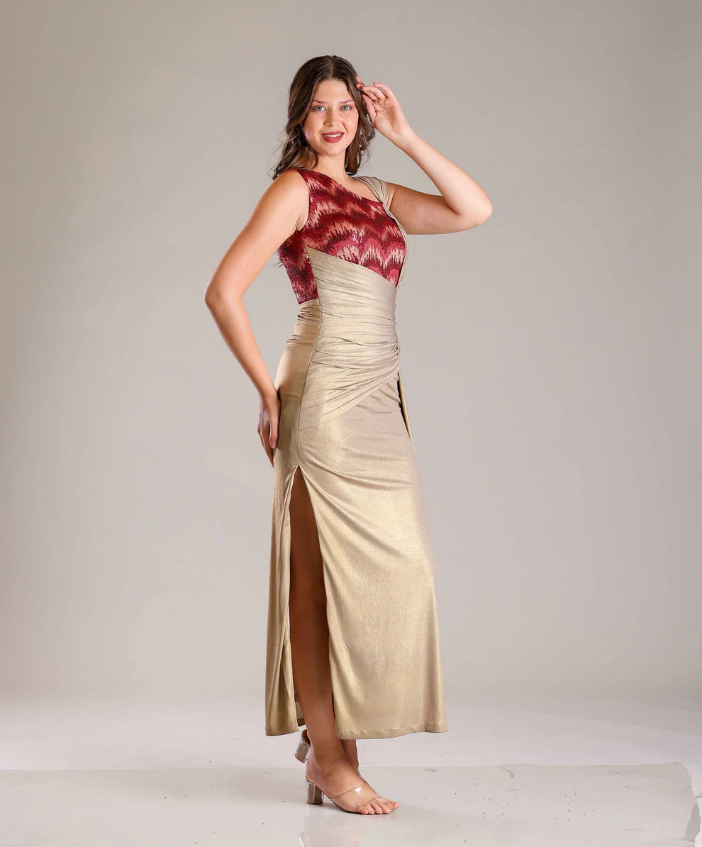 Gold Shimmer Lycra Gown & Pleated Belt With Maroon Sequins Highlighting On Bodice