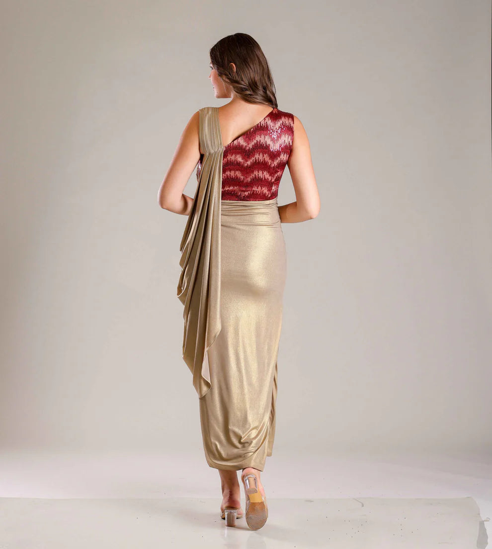 Gold Shimmer Lycra Gown & Pleated Belt With Maroon Sequins Highlighting On Bodice