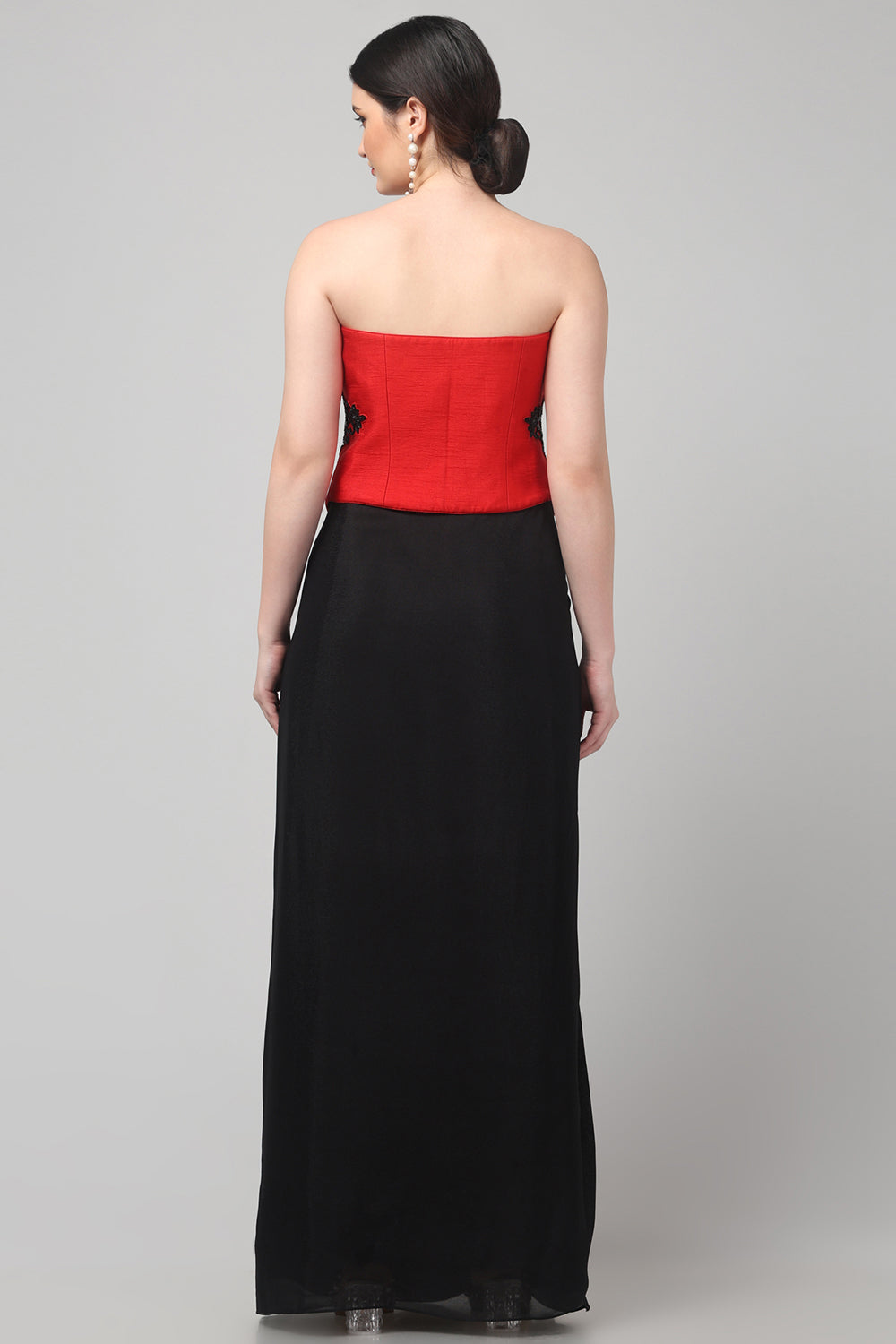 Red Embroidered  Top with Draped Black Skirt
