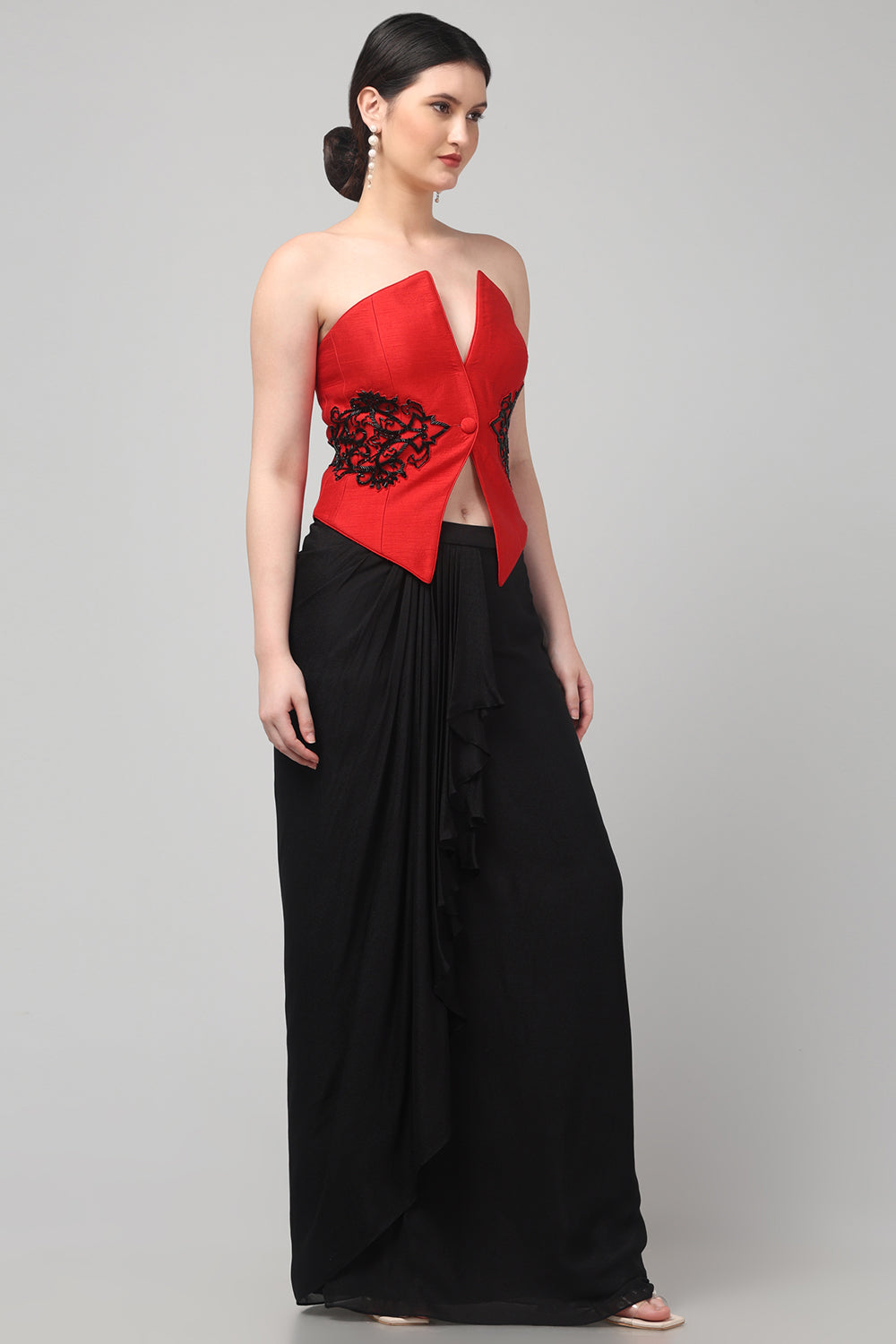 Red Embroidered  Top with Draped Black Skirt