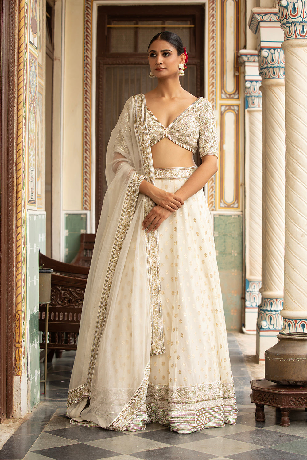 Ivory Lehenga Set With Hand Embroidered Blouse And Silk Organza Dupatta