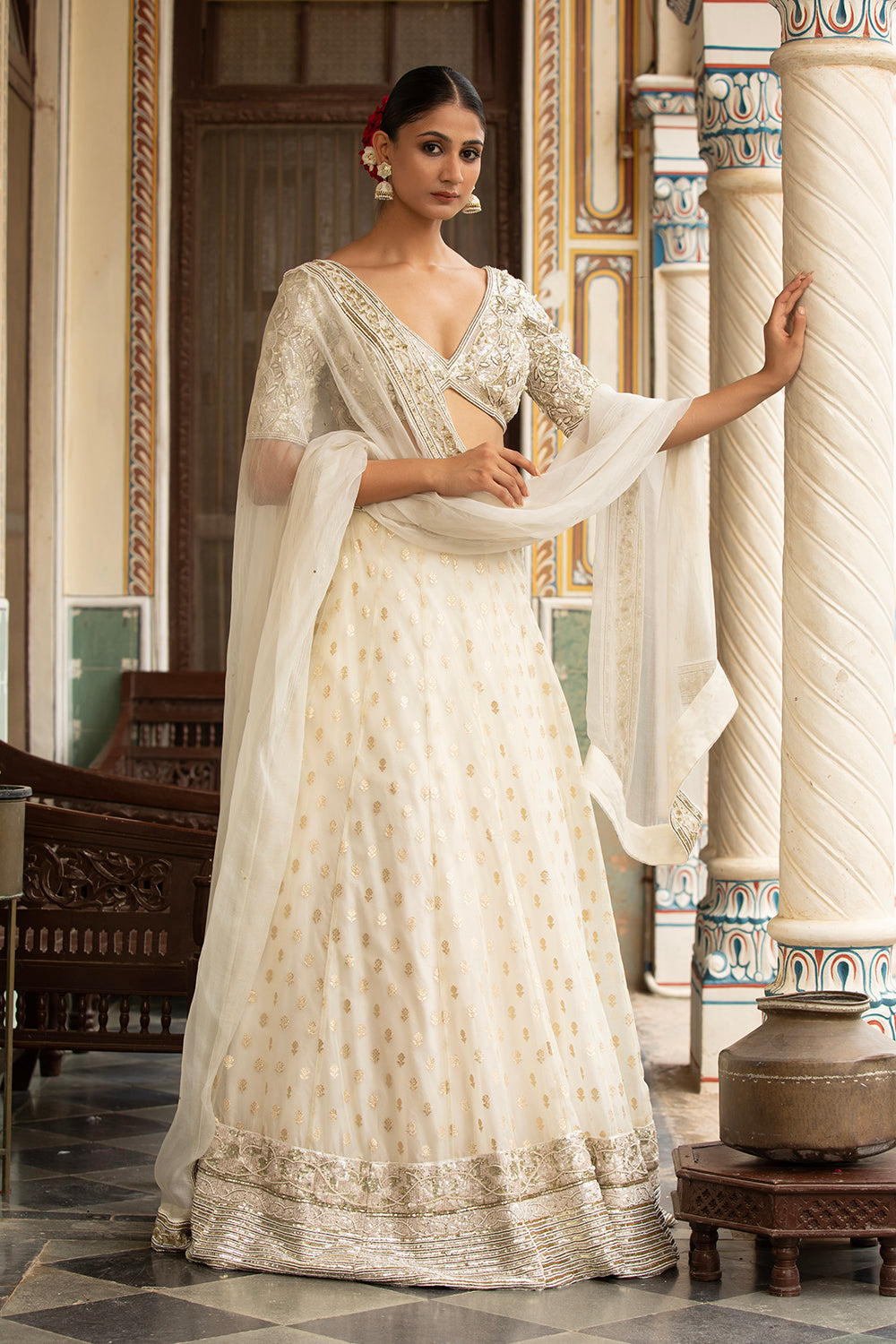 Ivory Lehenga Set With Hand Embroidered Blouse And Silk Organza Dupatta