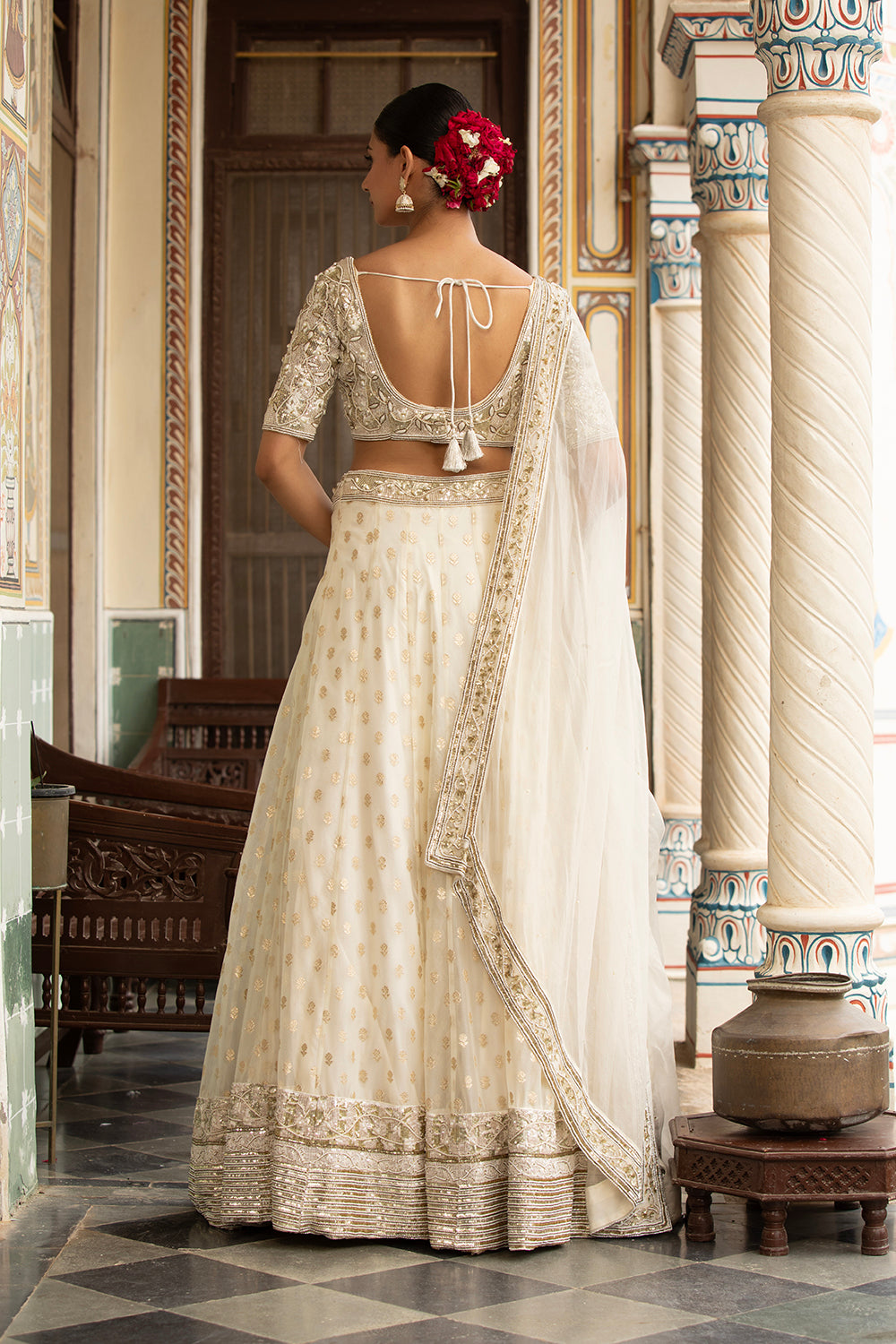 Ivory Lehenga Set With Hand Embroidered Blouse And Silk Organza Dupatta