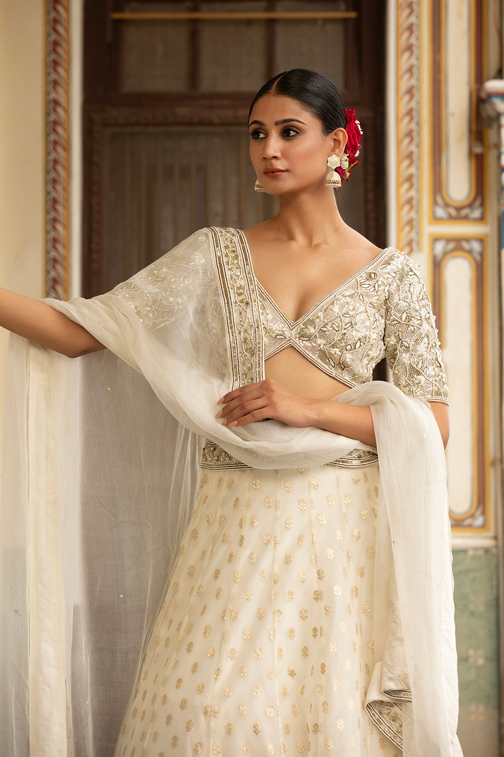 Ivory Lehenga Set With Hand Embroidered Blouse And Silk Organza Dupatta