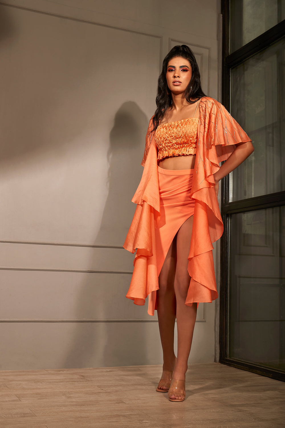 Orange Co-Ord with Drape Skirt