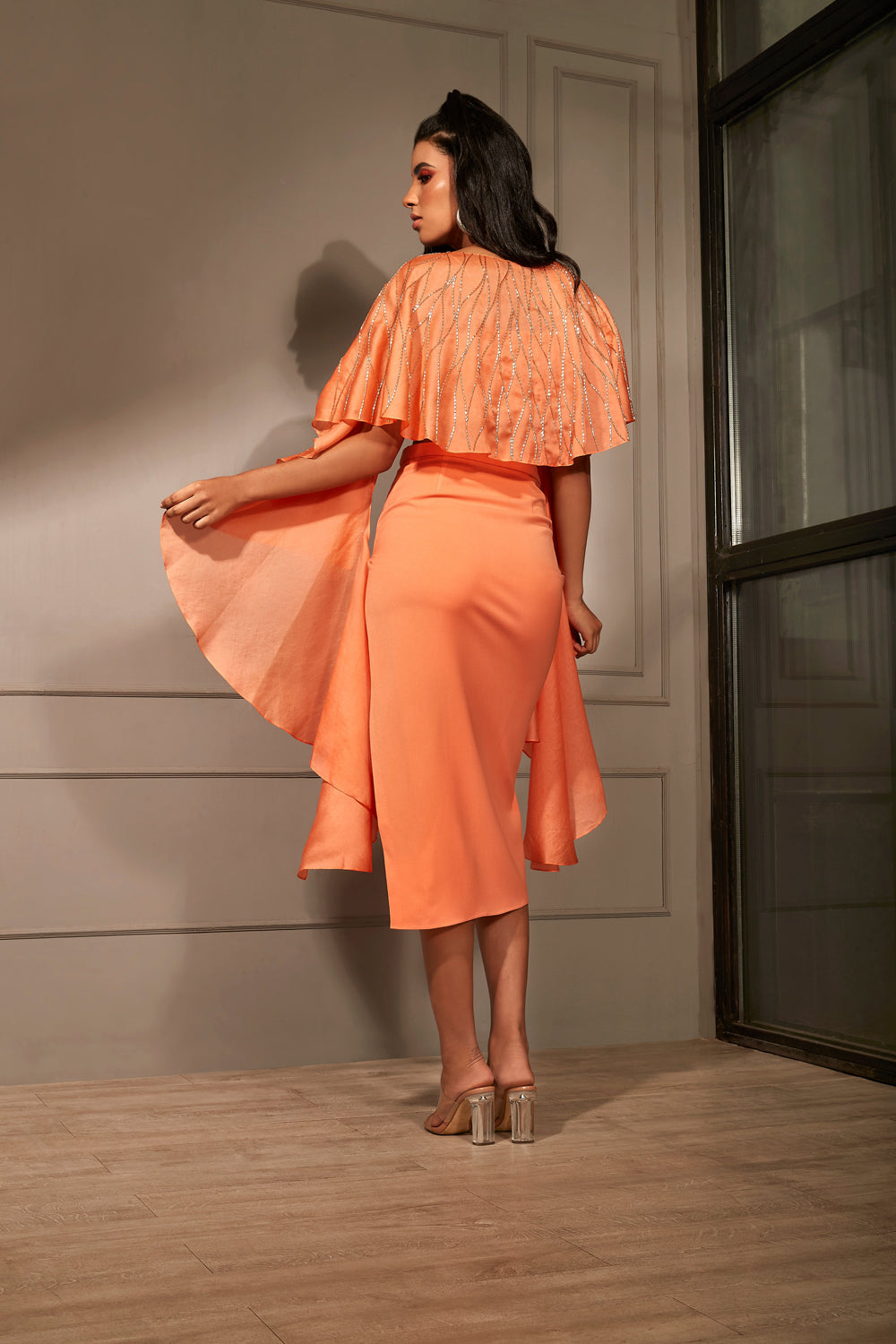 Orange Co-Ord with Drape Skirt