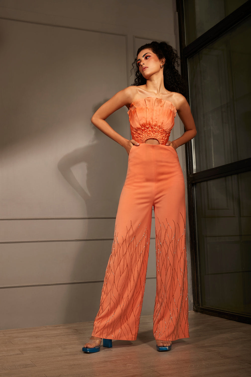 Orange Accordion Pleat Jumpsuit