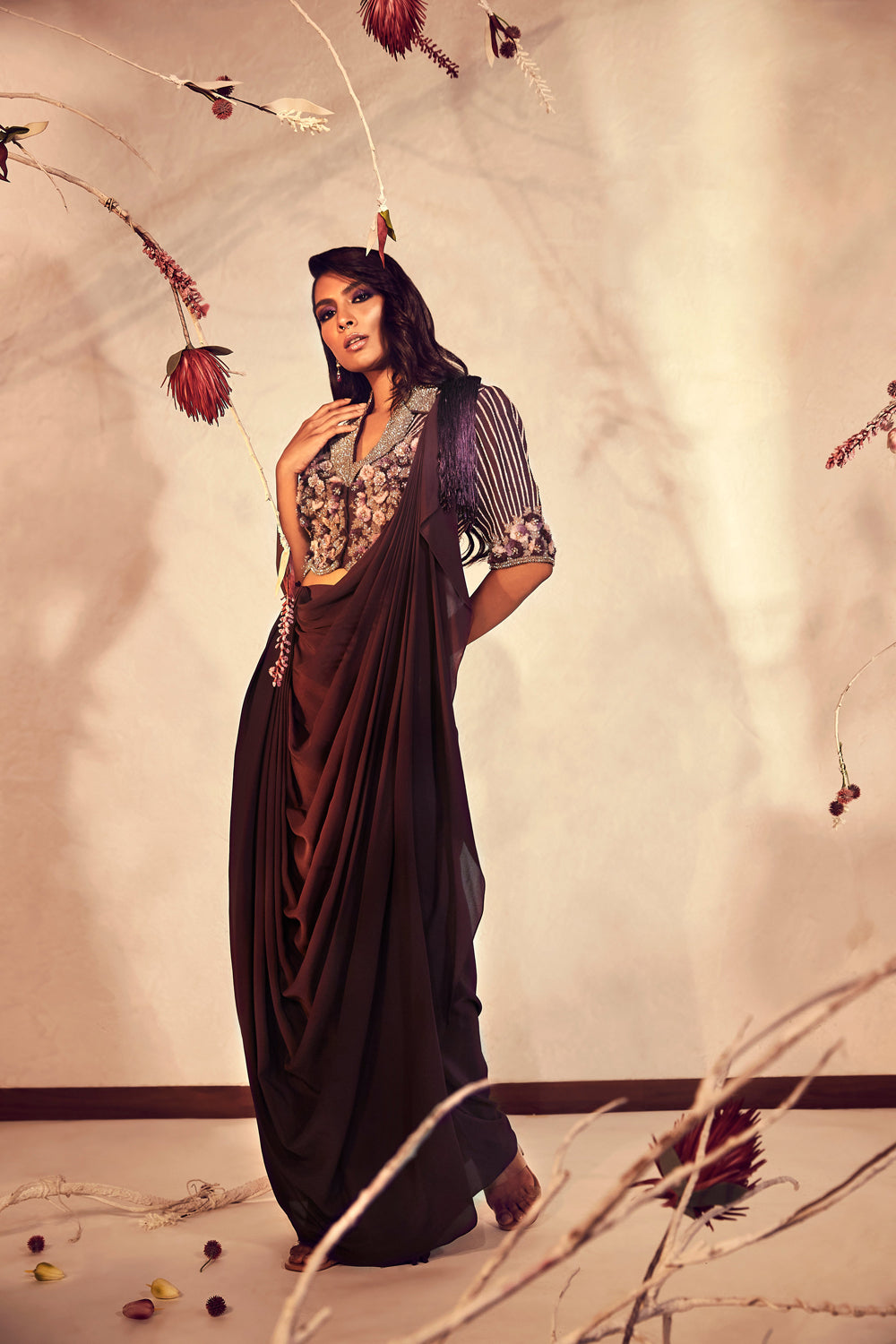 Wine Pre-Draped Saree