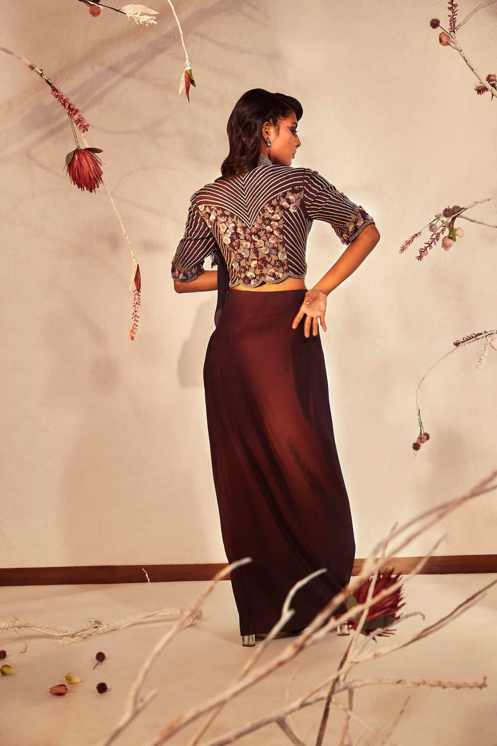 Wine Pre-Draped Saree