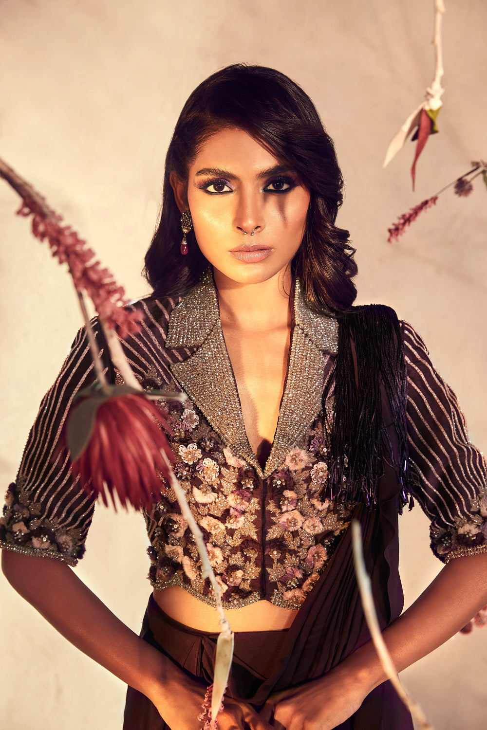 Wine Pre-Draped Saree