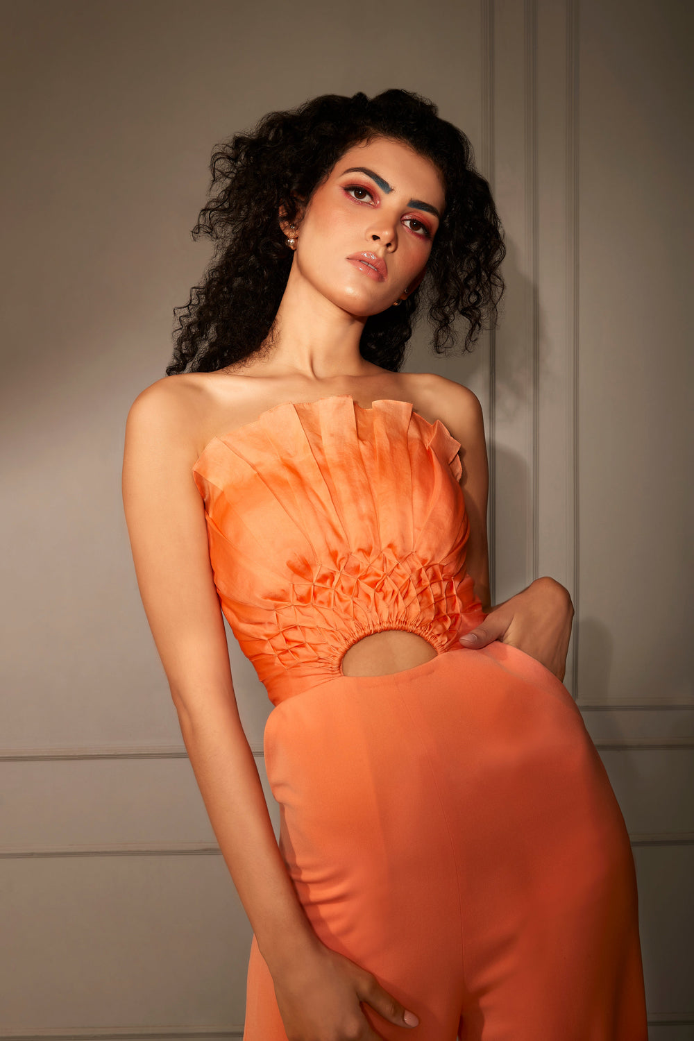 Orange Accordion Pleat Jumpsuit