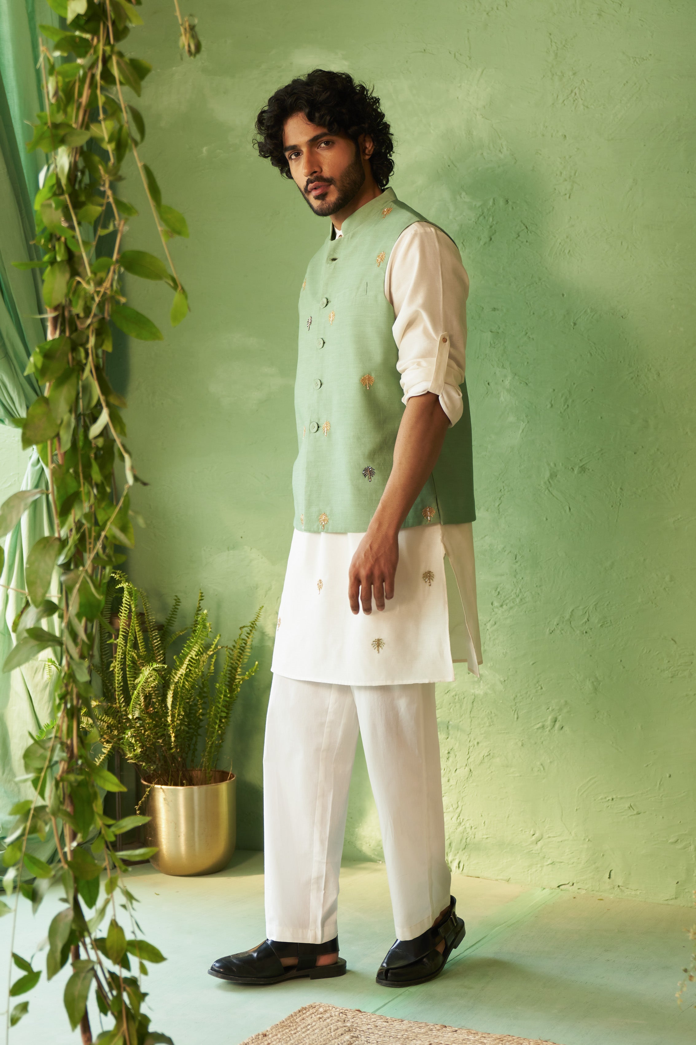 Embroidered Palm Tree Kurta Set with Nehru Jacket