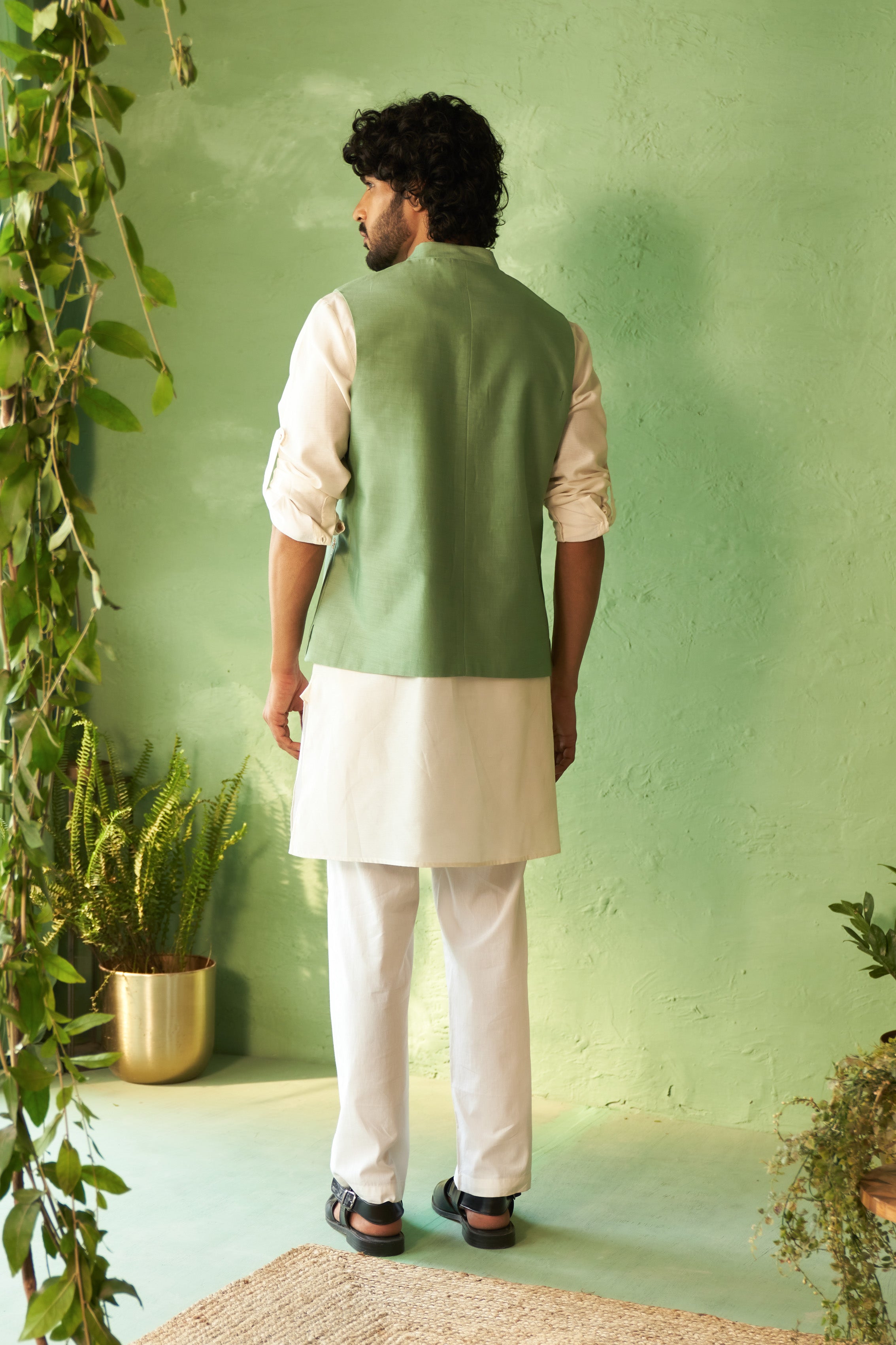 Embroidered Palm Tree Kurta Set with Nehru Jacket