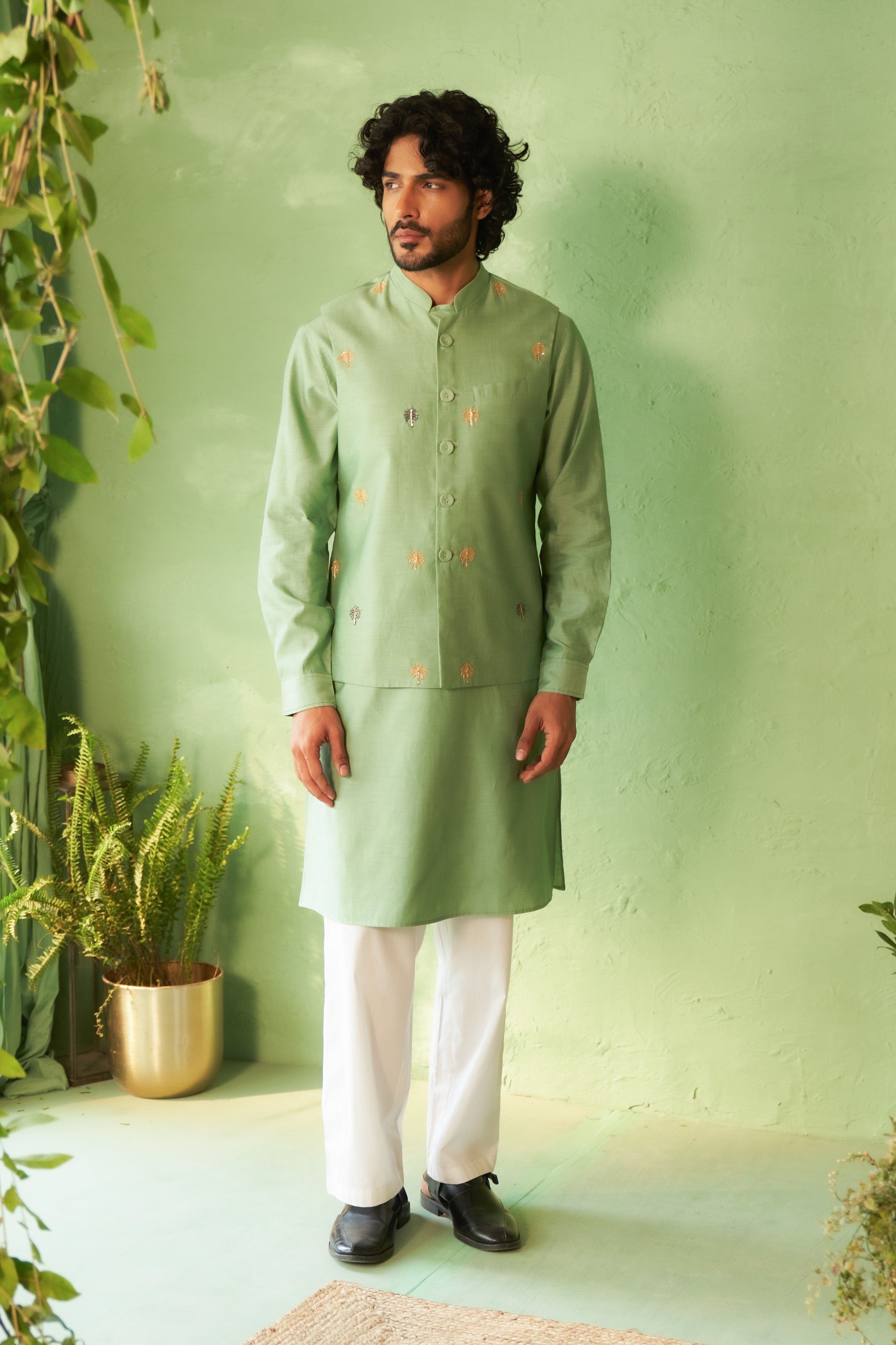Tea Green Palm Tree Embroidered Kurta Set with Nehru Jacket