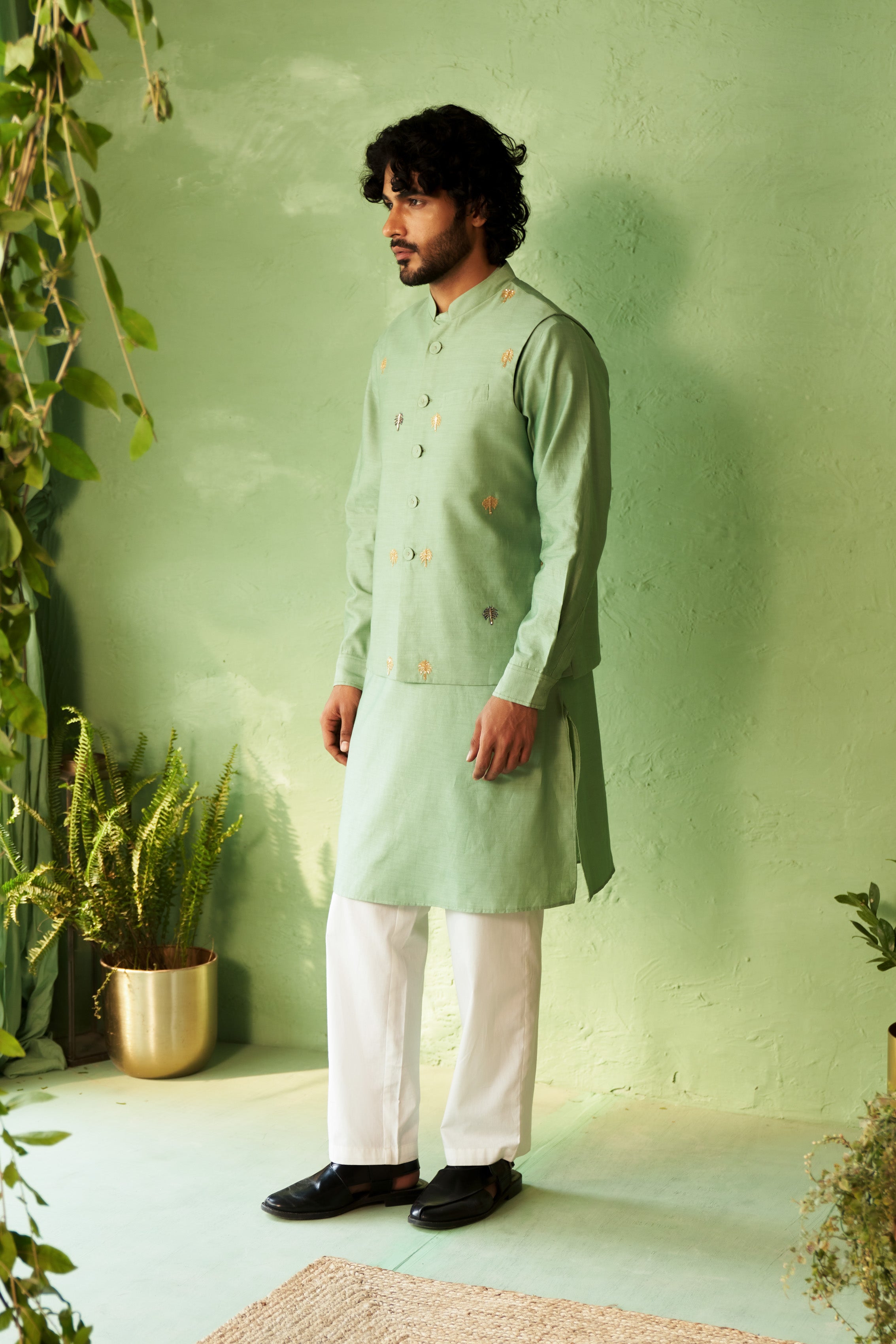 Tea Green Palm Tree Embroidered Kurta Set with Nehru Jacket