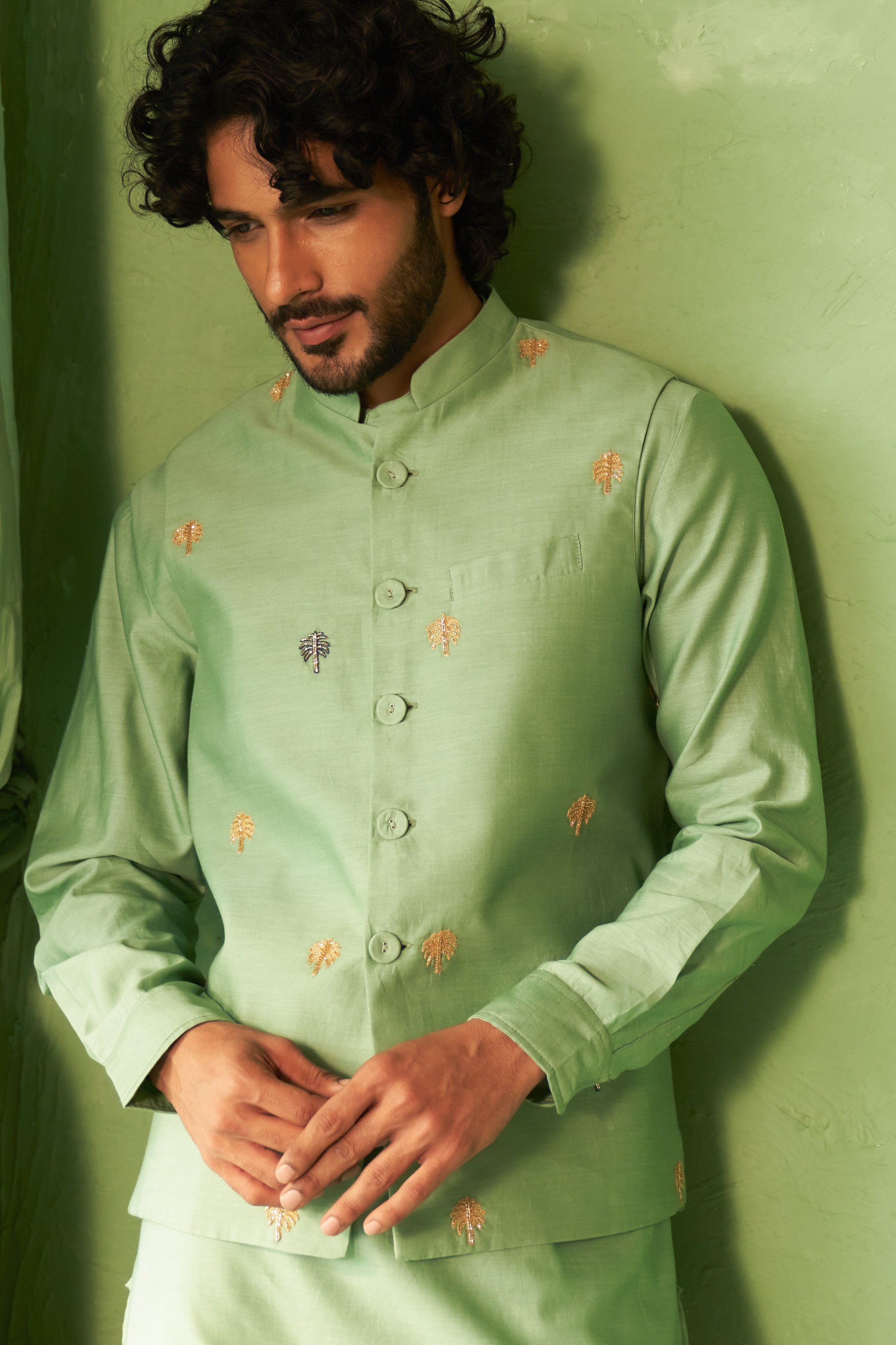 Tea Green Palm Tree Embroidered Kurta Set with Nehru Jacket
