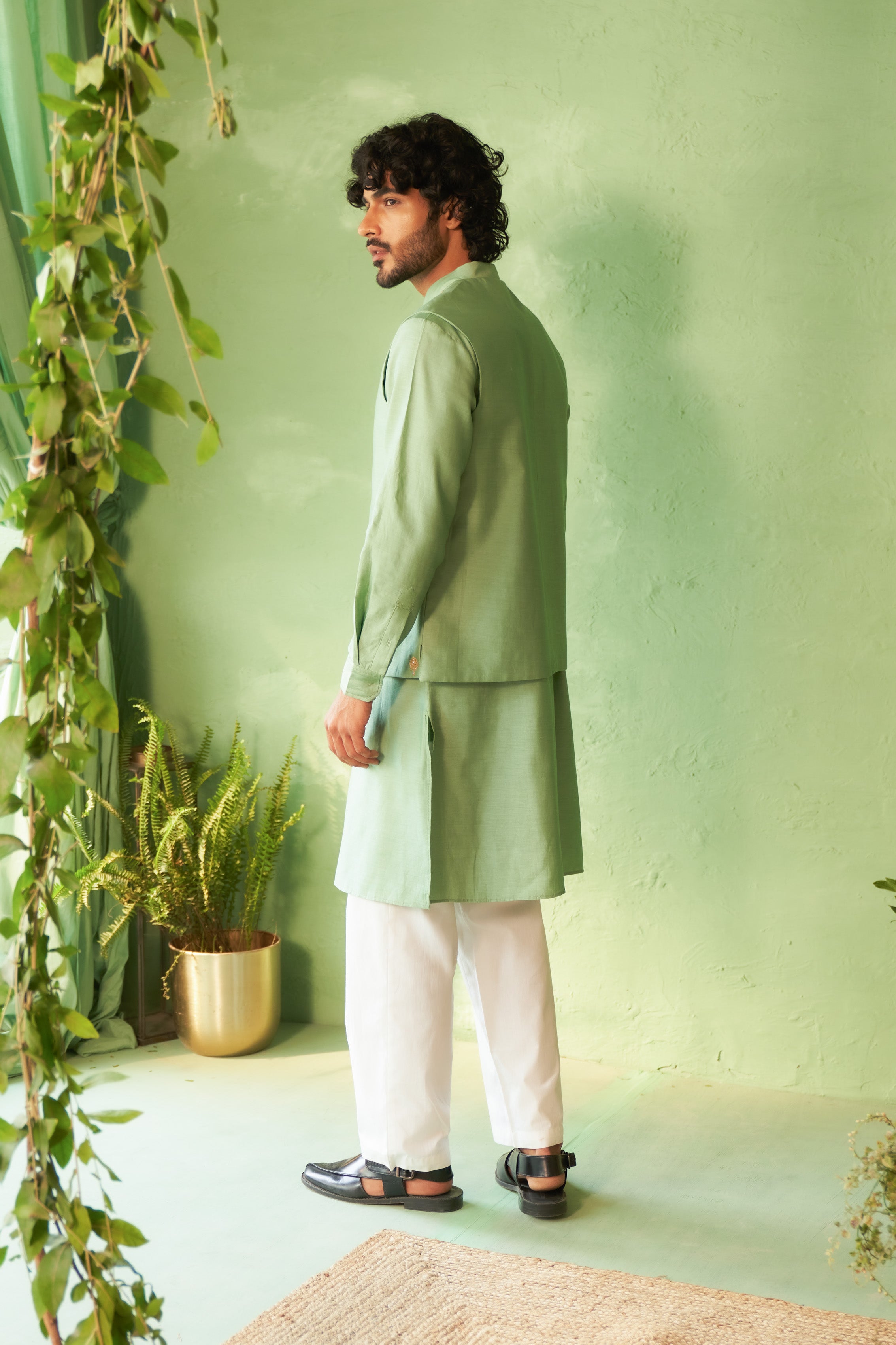Tea Green Palm Tree Embroidered Kurta Set with Nehru Jacket