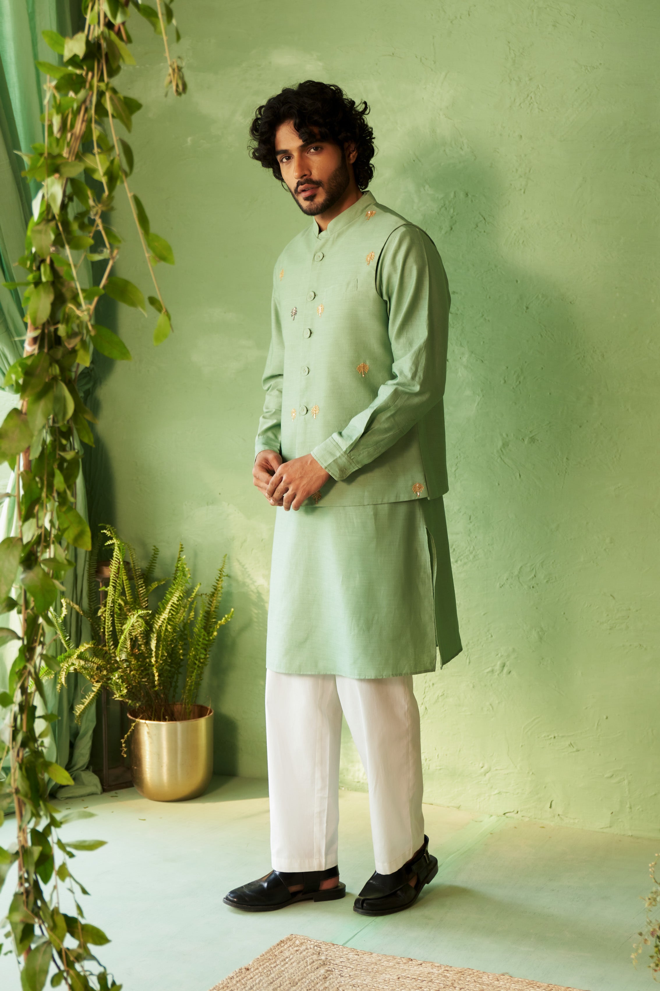 Tea Green Palm Tree Embroidered Kurta Set with Nehru Jacket