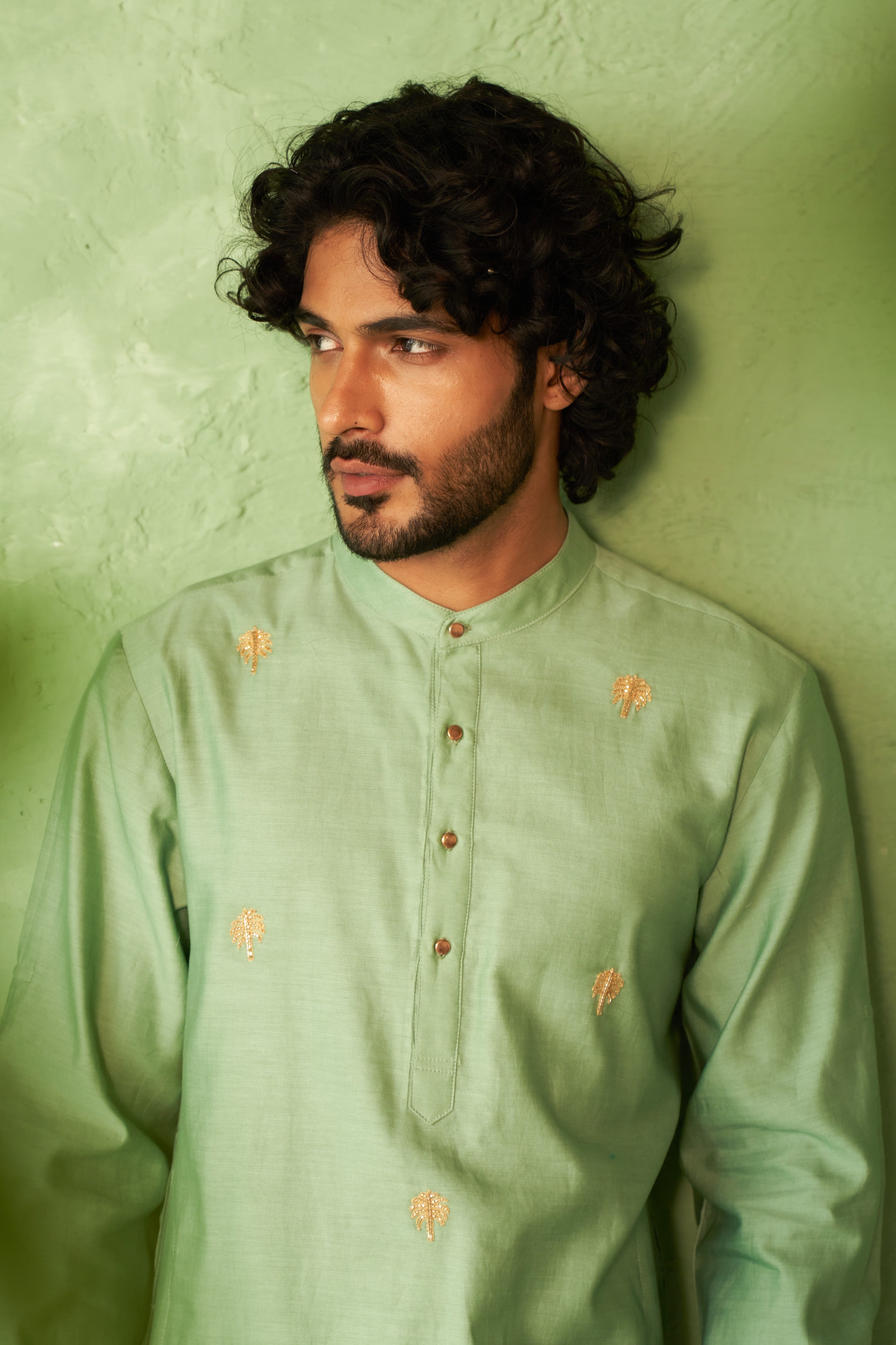 Tea Green Palm Tree Motif Kurta Set