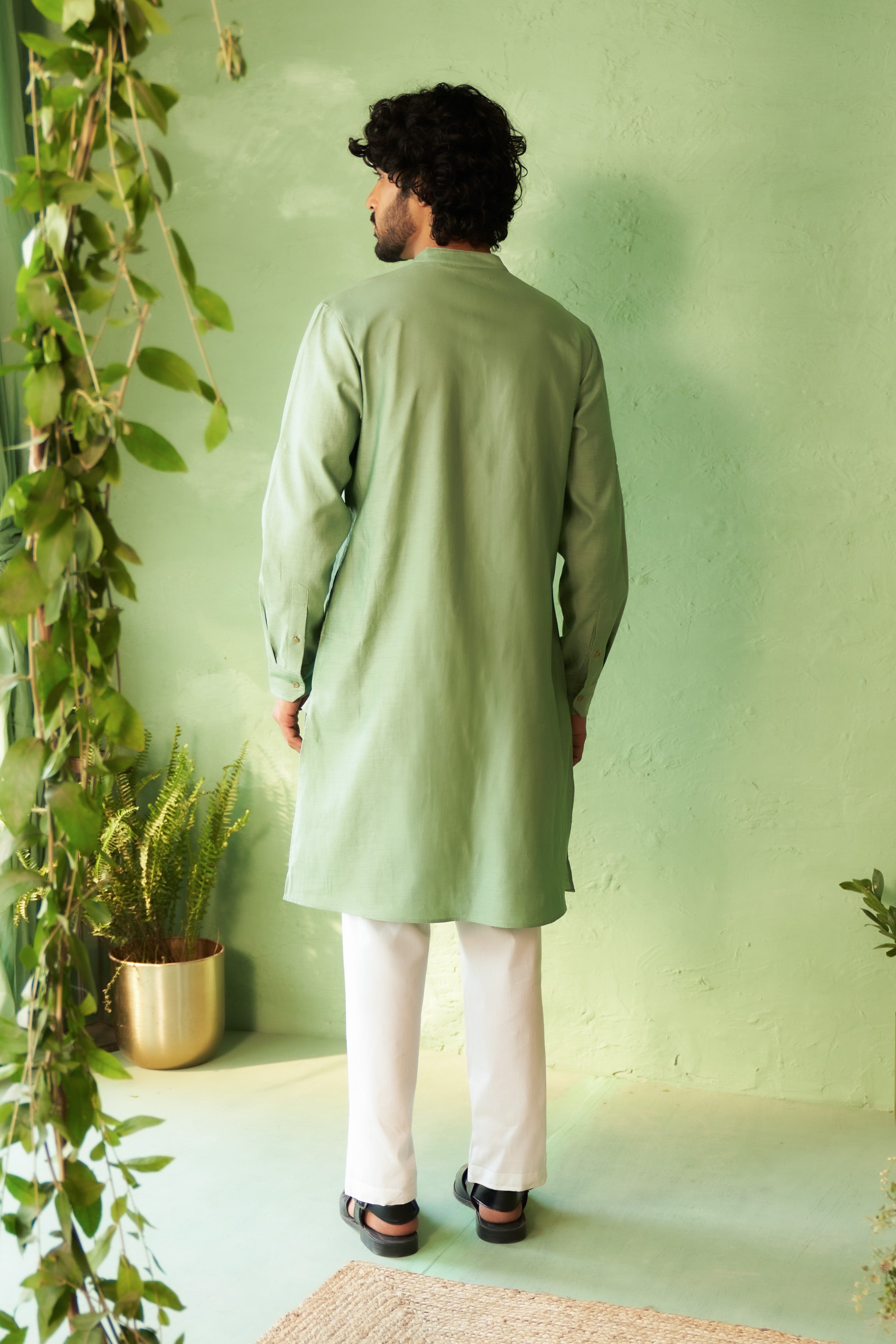 Tea Green Palm Tree Motif Kurta Set