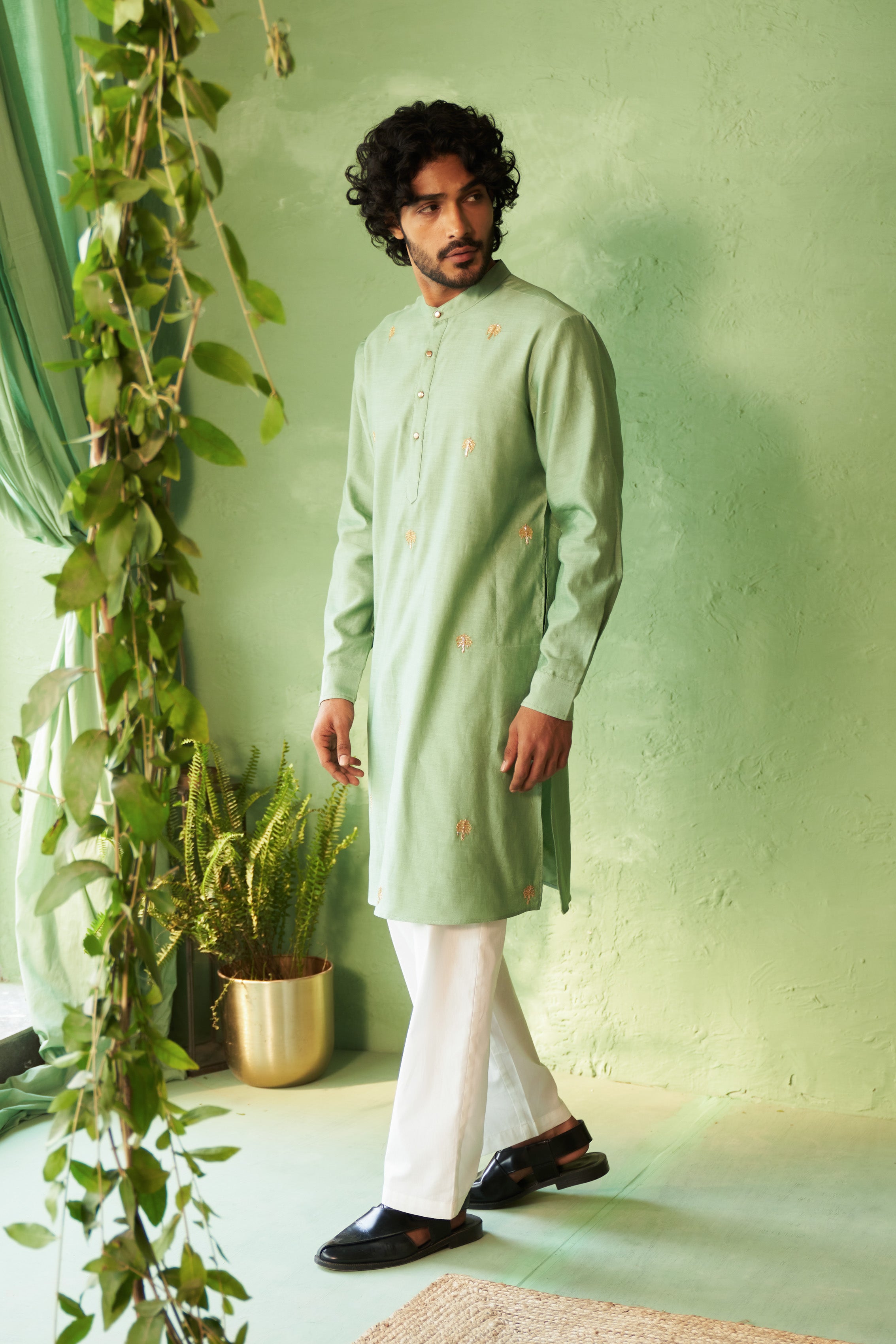 Tea Green Palm Tree Motif Kurta Set