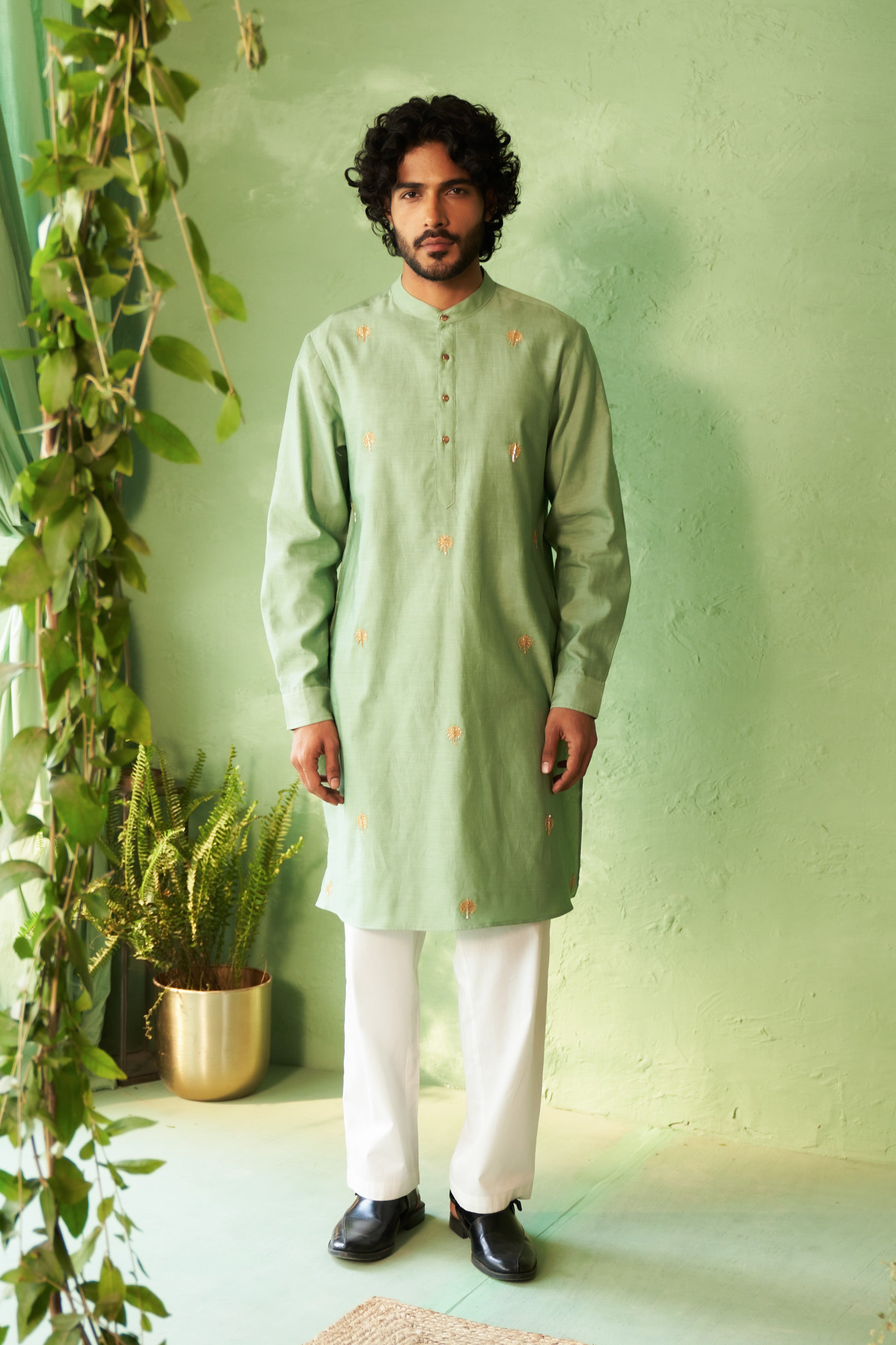 Tea Green Palm Tree Motif Kurta Set