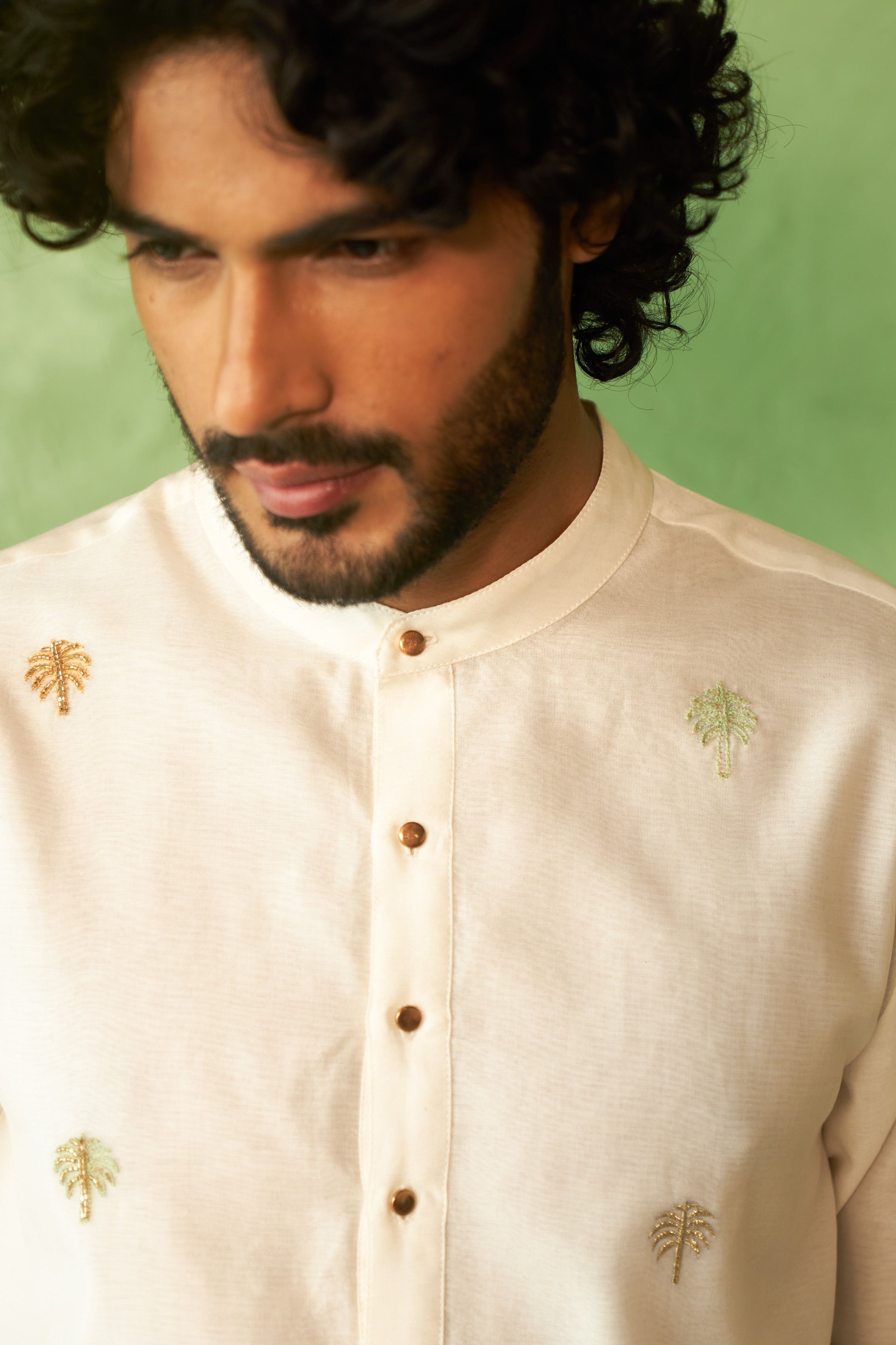 Embroidered Off-White Palm Tree Motif Kurta Set