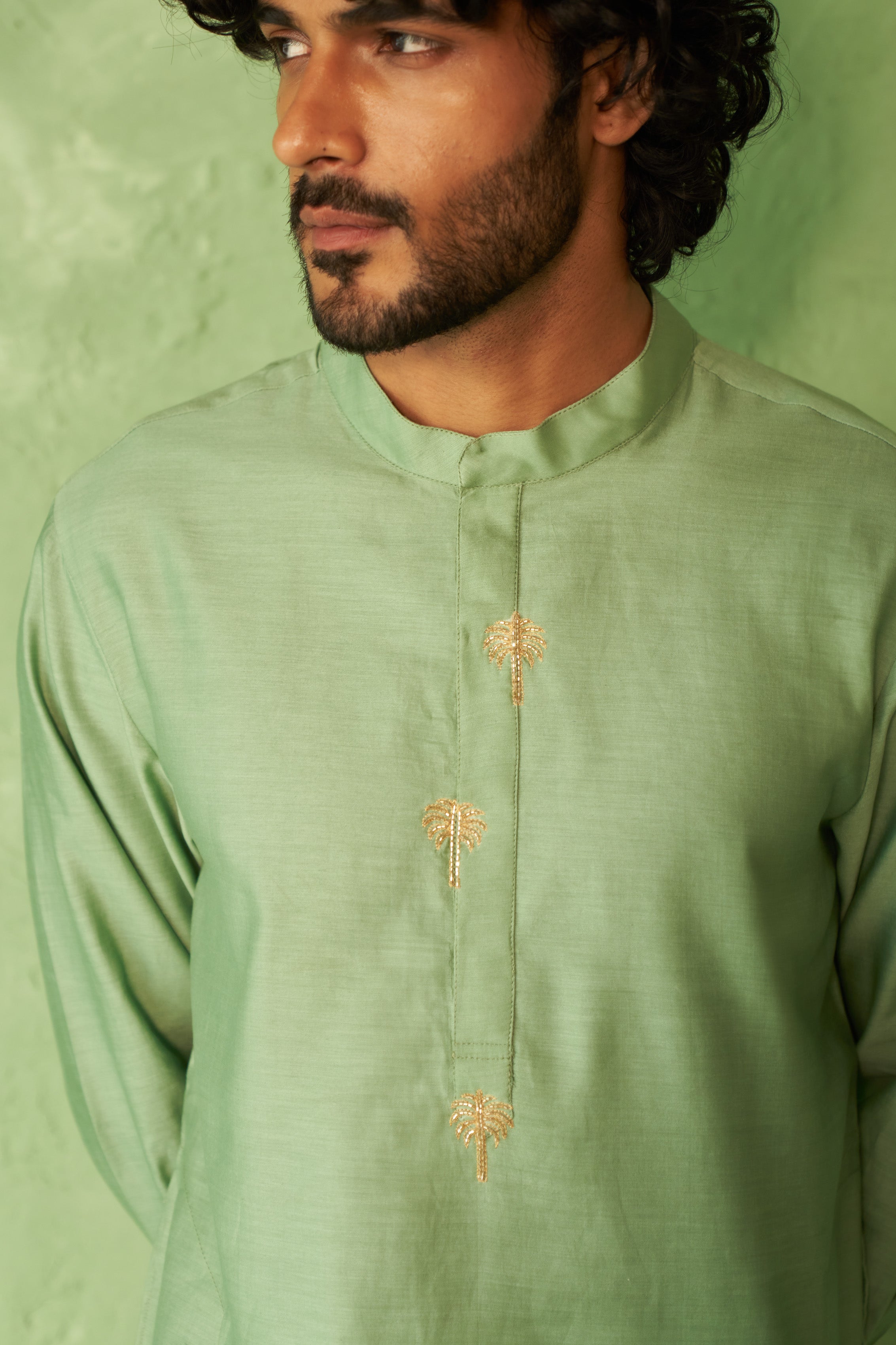 Tea Green Kurta Set with Palm Tree Motif Embroidery