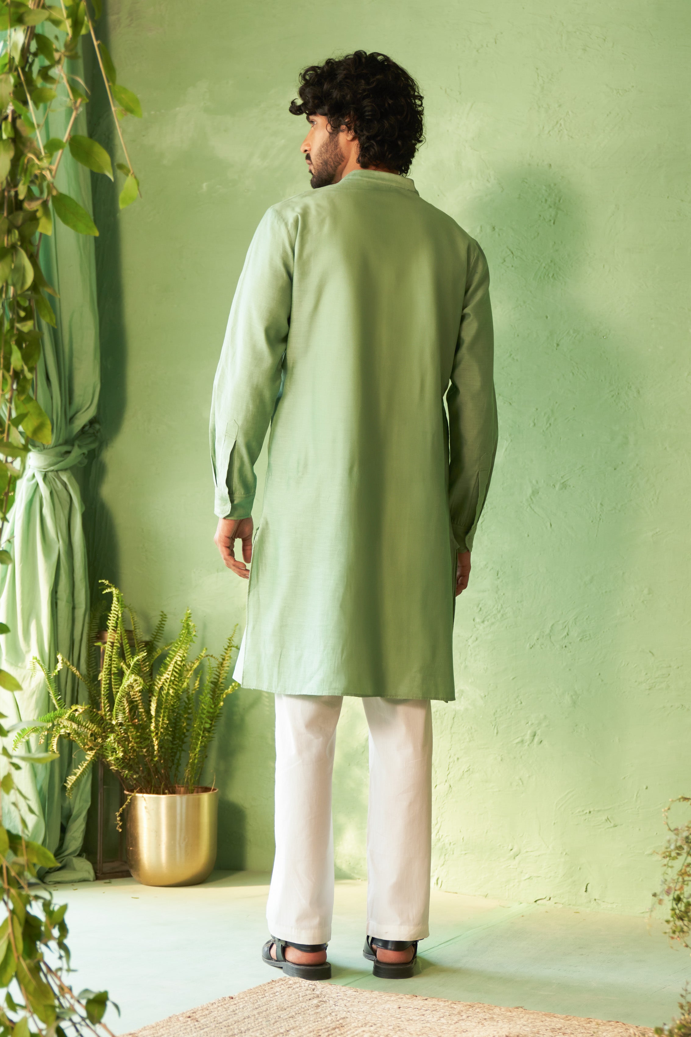 Tea Green Kurta Set with Palm Tree Motif Embroidery
