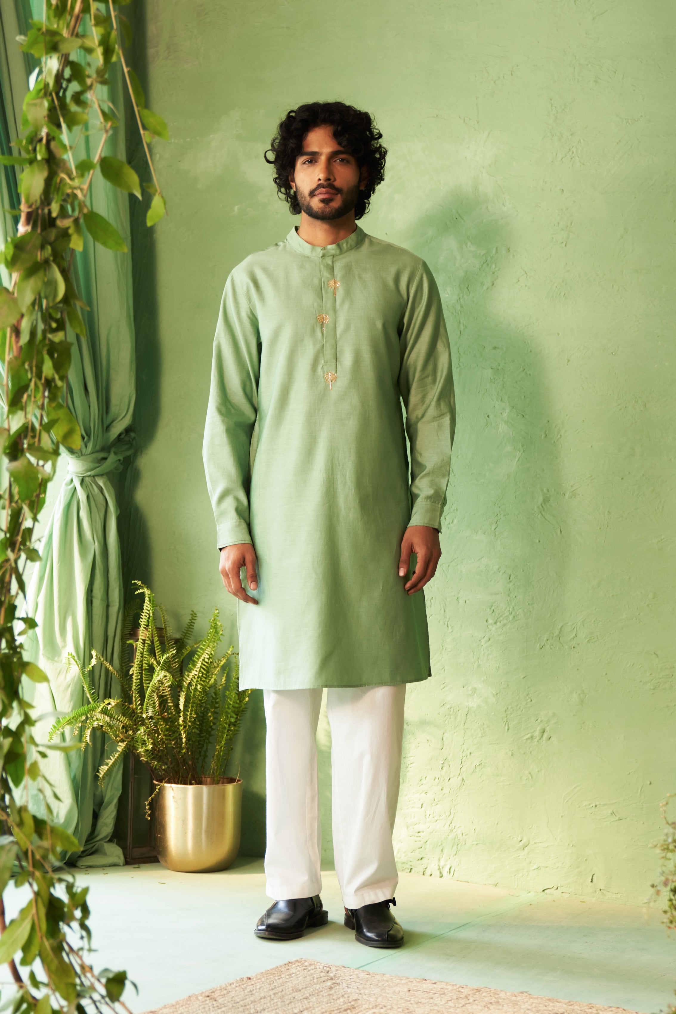Tea Green Kurta Set with Palm Tree Motif Embroidery