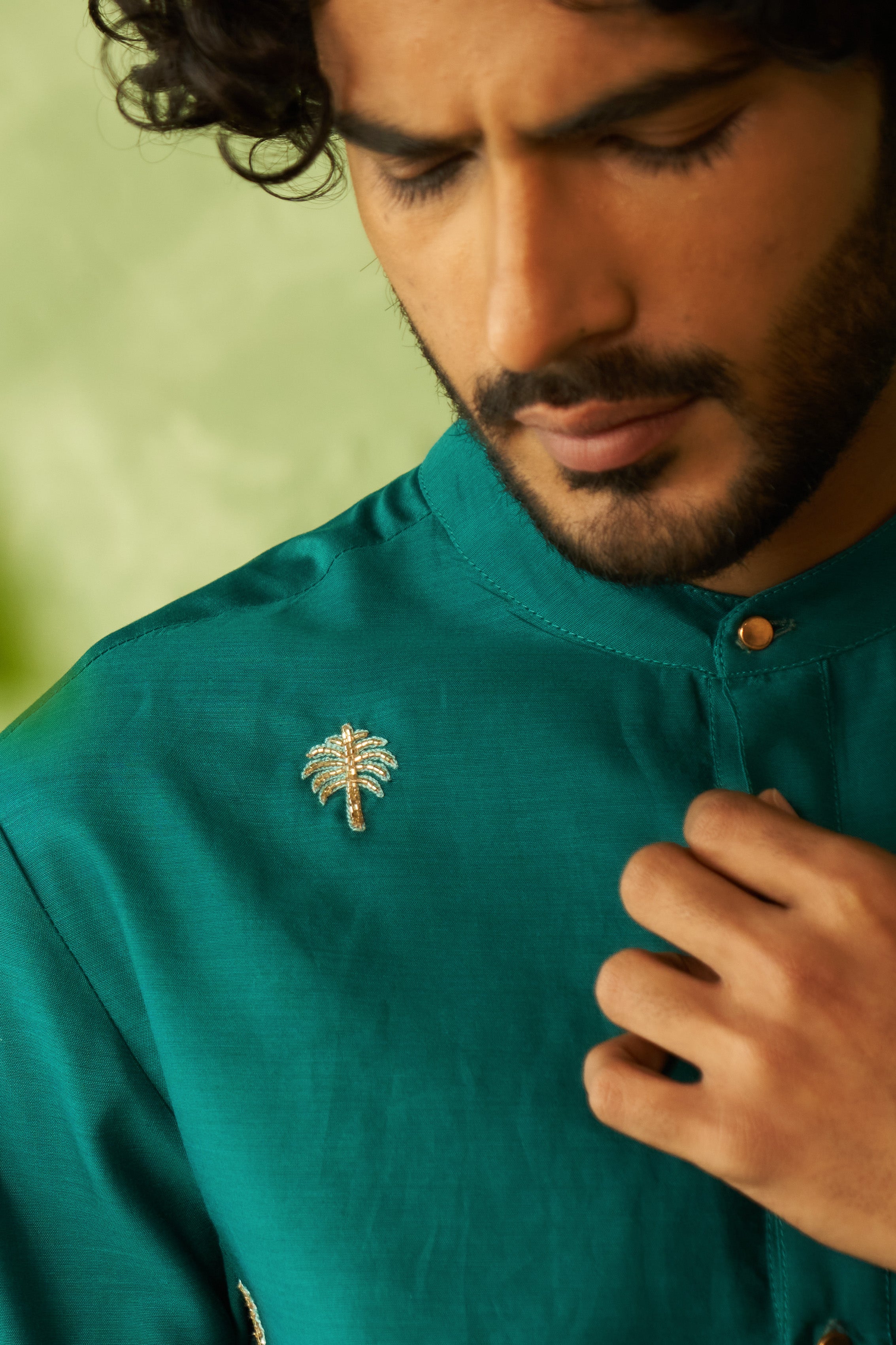 Palm Tree Embroidered Chanderi Kurta Set with Straight Pyjamas