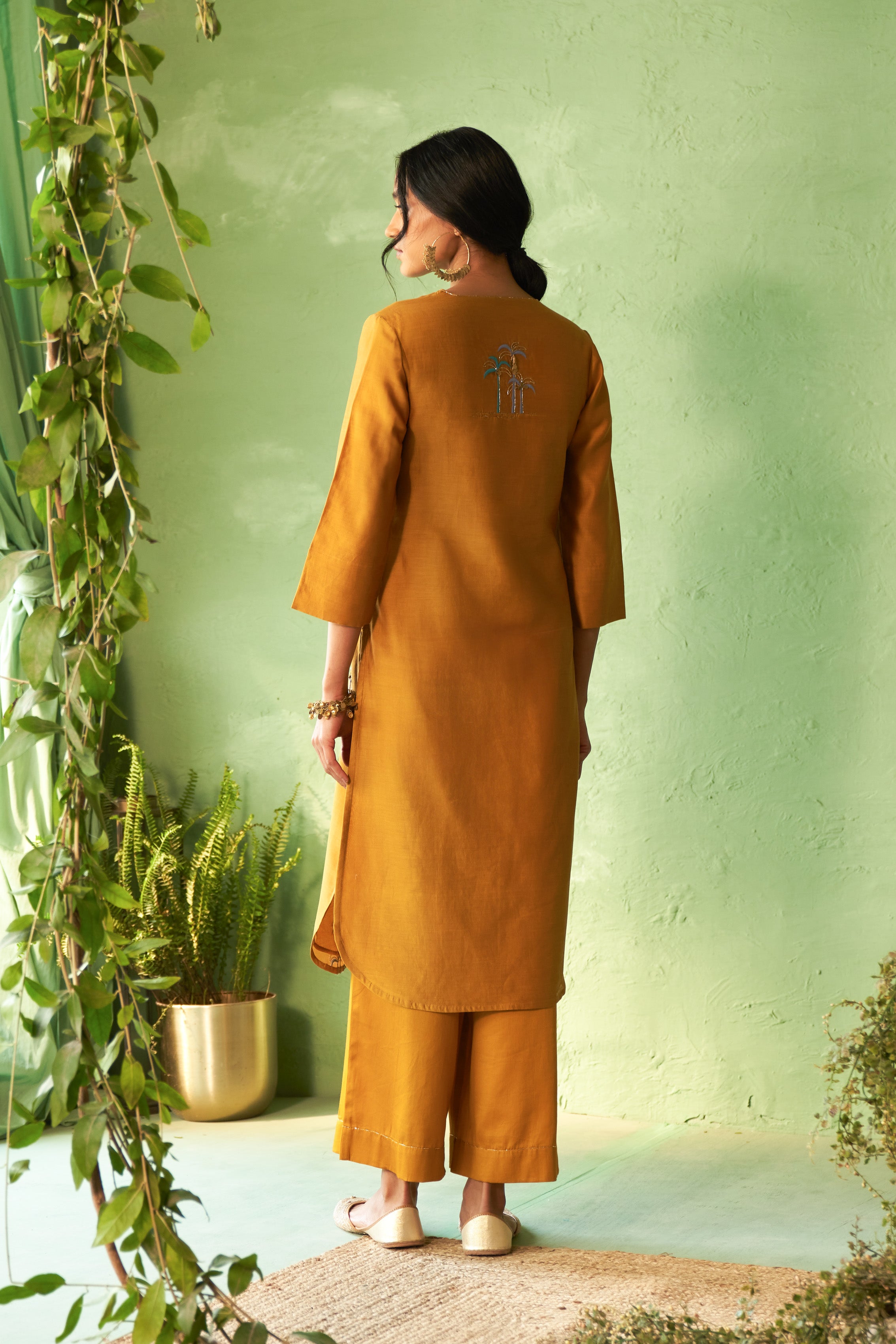 Palm Tree Motif Kurta Set with Organza Dupatta