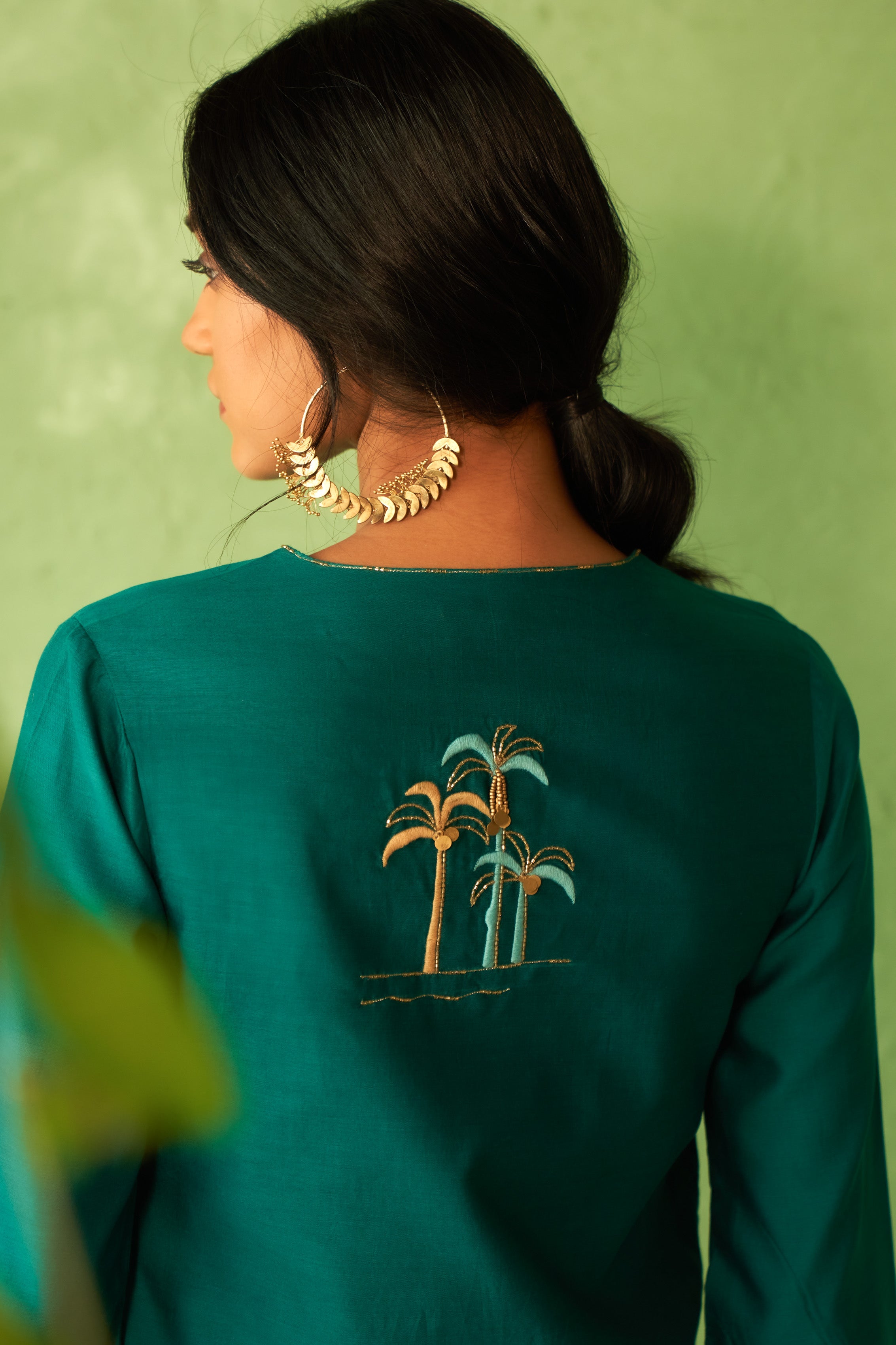 Palm Tree Motif Kurta Set with Organza Dupatta