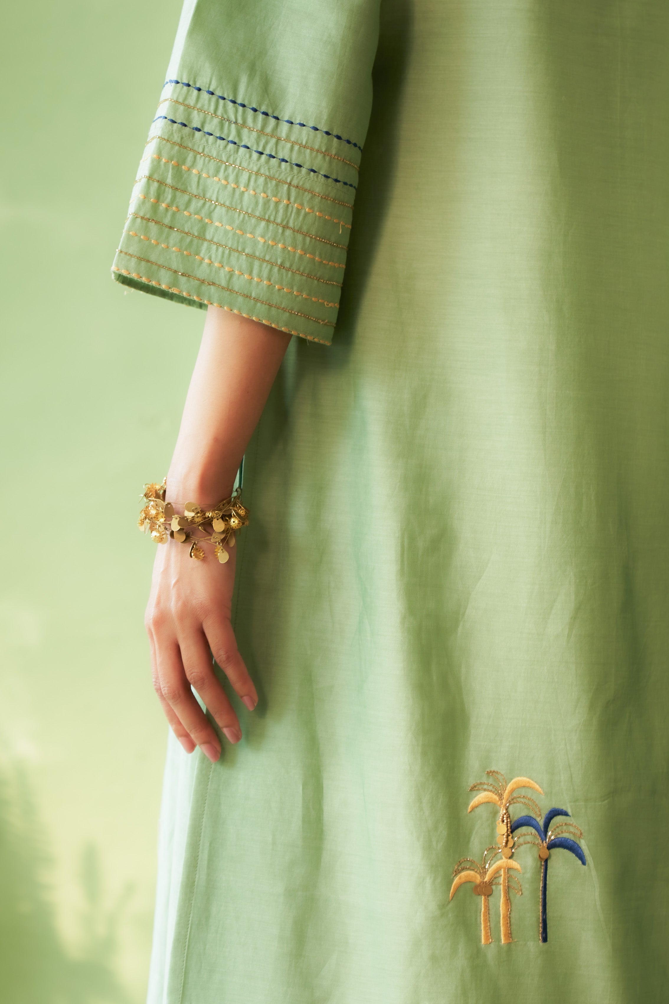 Elegant Palm Tree Motif A-Line Kurta Set with Flared Sleeves