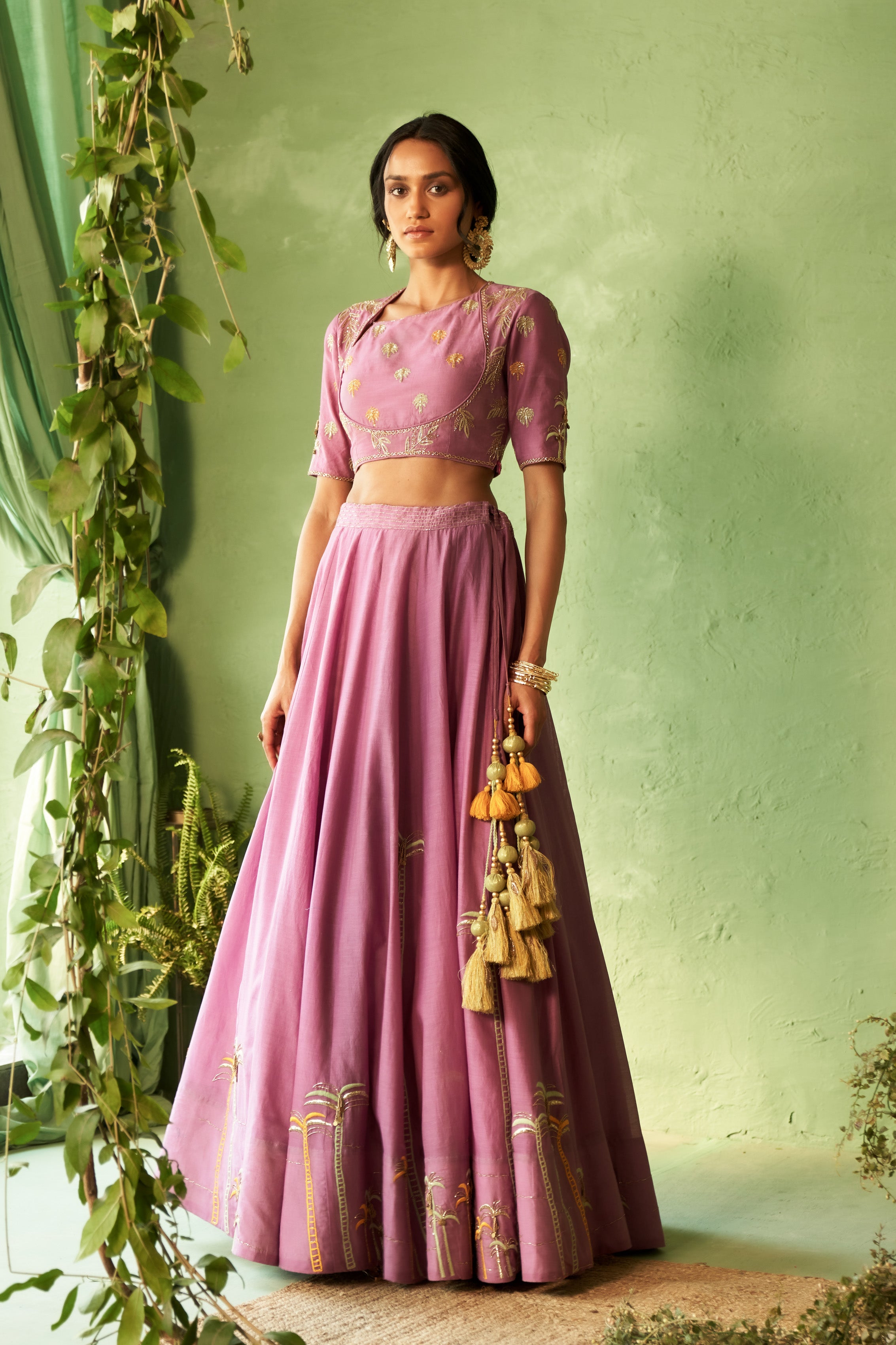 Purple Palm Tree Embroidered Lehenga Set with Cut Dana Work