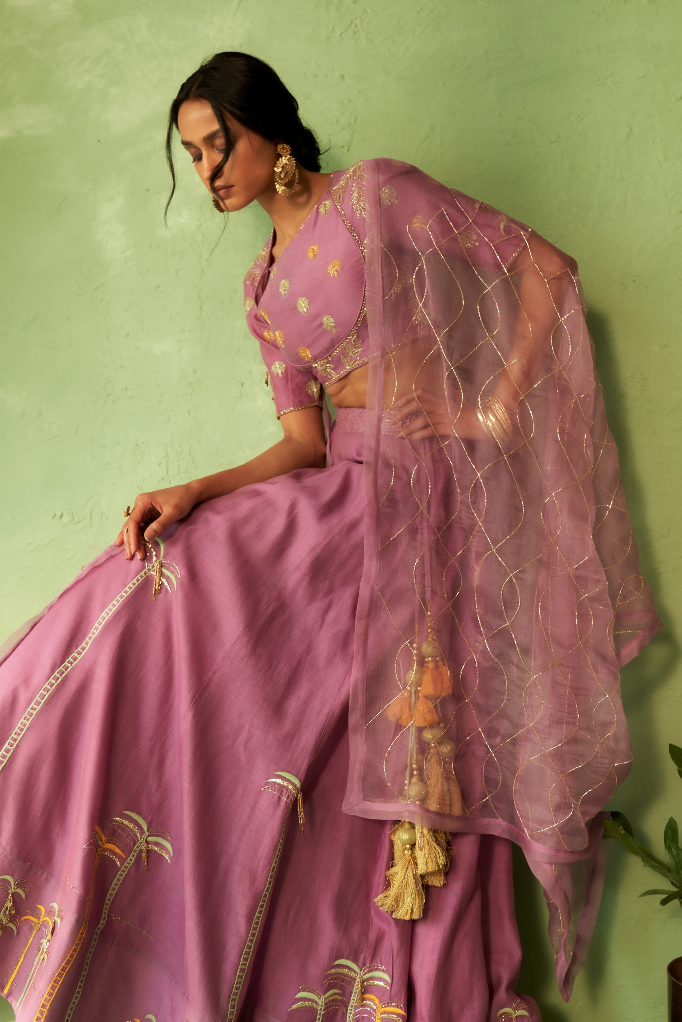 Purple Palm Tree Embroidered Lehenga Set with Cut Dana Work