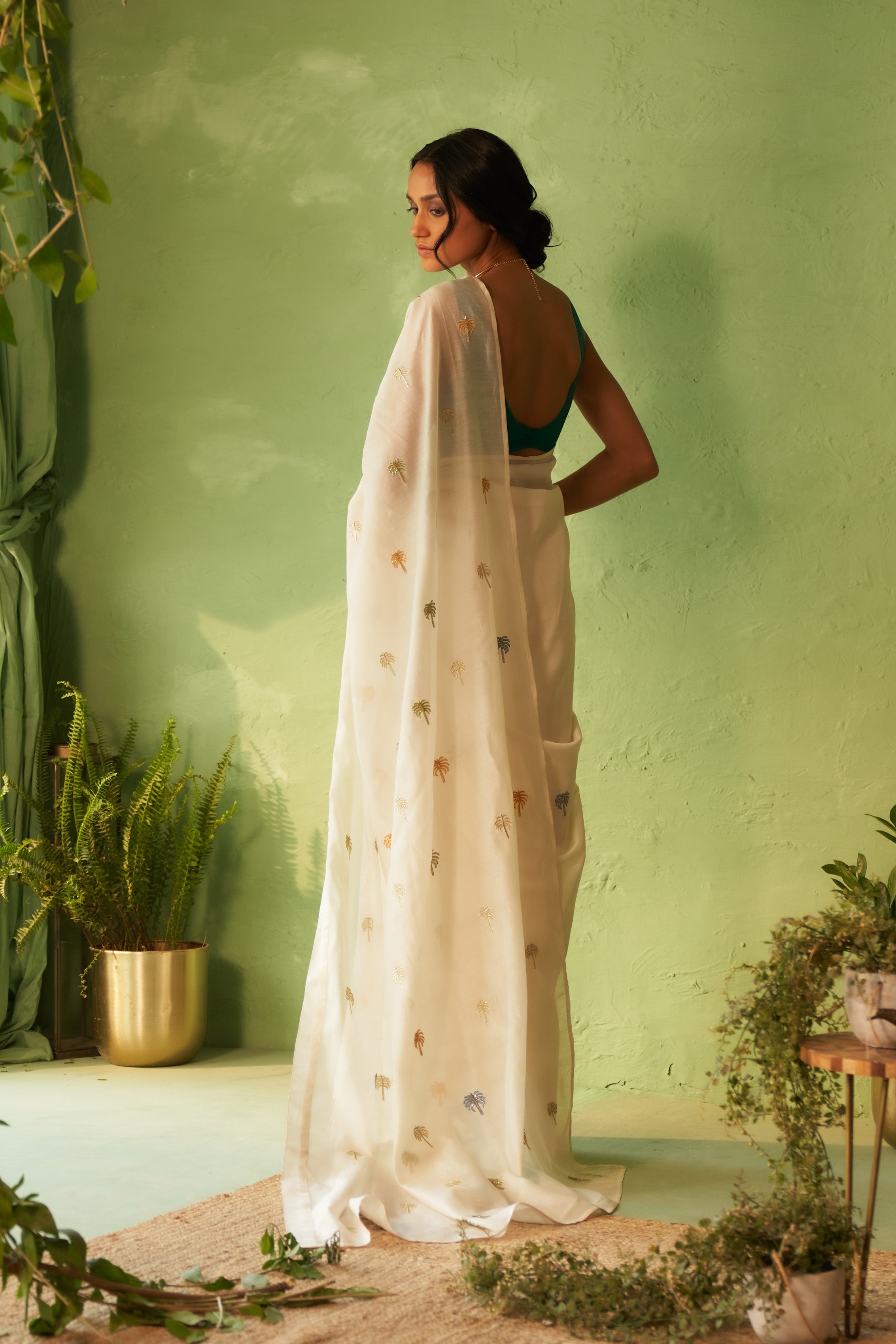 Off-White Chanderi Saree with Multi-Color Palm Tree Embroidery & Cut Dana Work