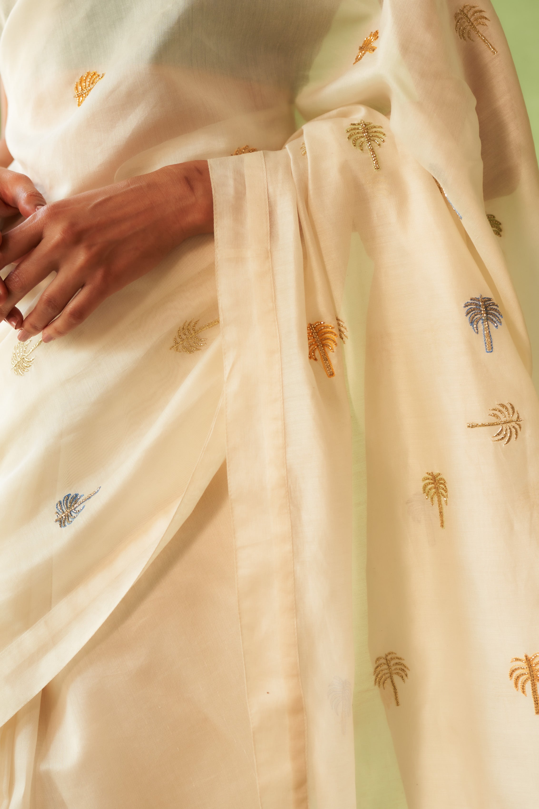 Off-White Chanderi Saree with Multi-Color Palm Tree Embroidery & Cut Dana Work