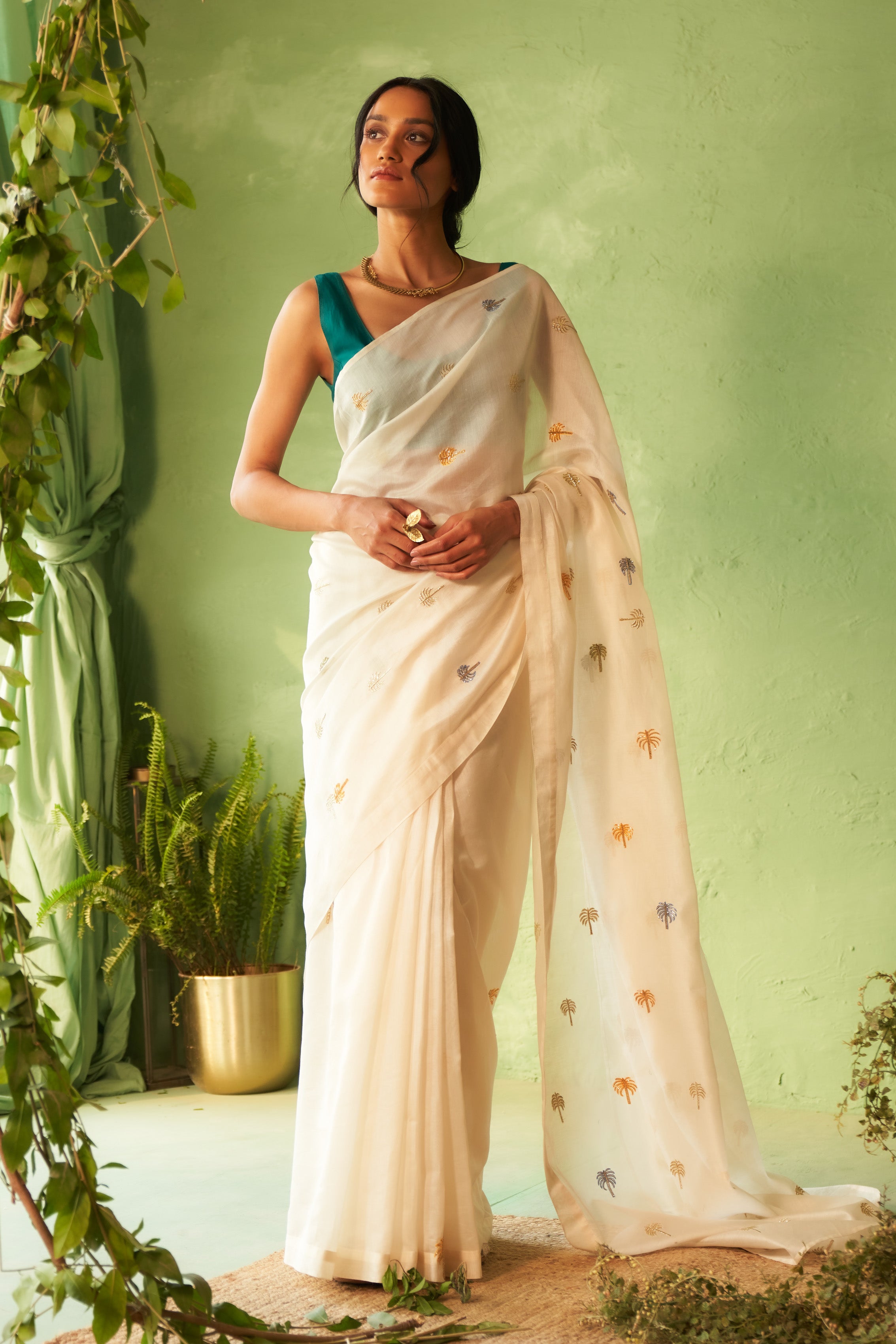 Off-White Chanderi Saree with Multi-Color Palm Tree Embroidery & Cut Dana Work