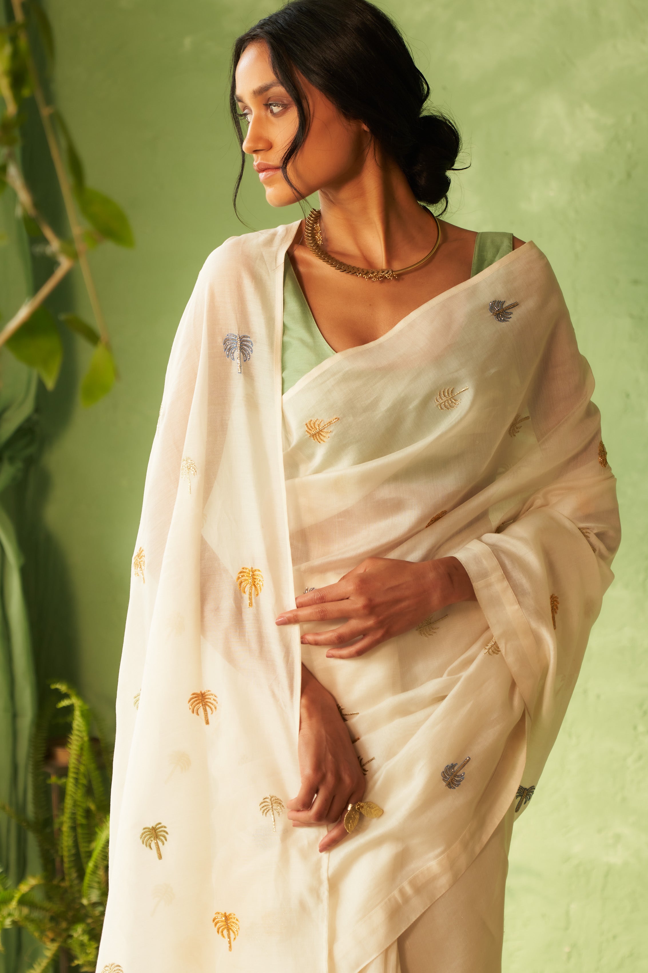 Off-White Chanderi Saree with Multi-Color Palm Tree Embroidery & Cut Dana Work