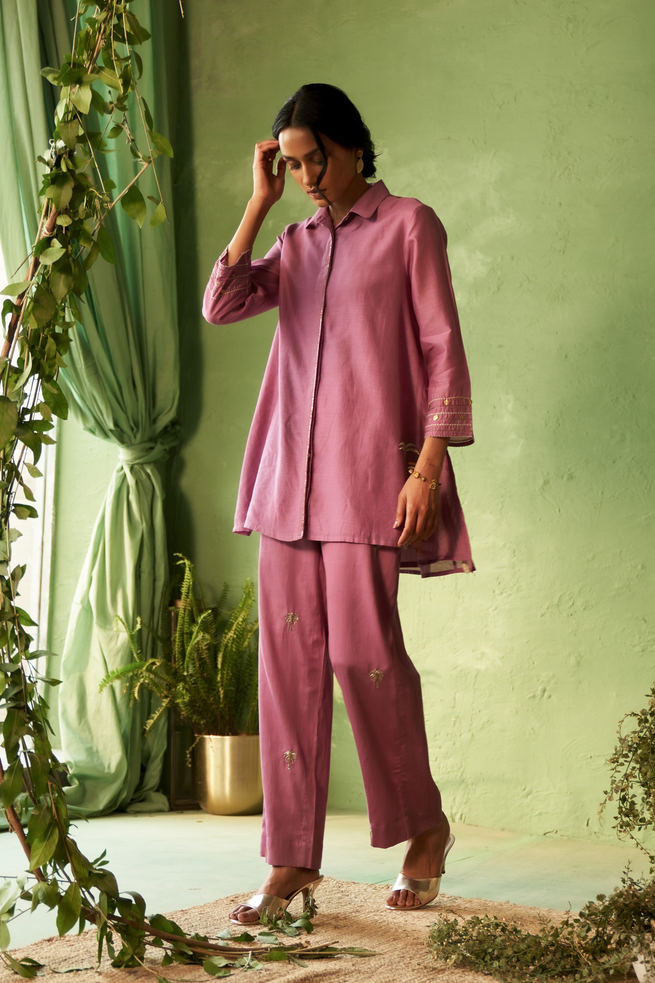 Collared Short Co-ord Set with Palm Tree Motifs