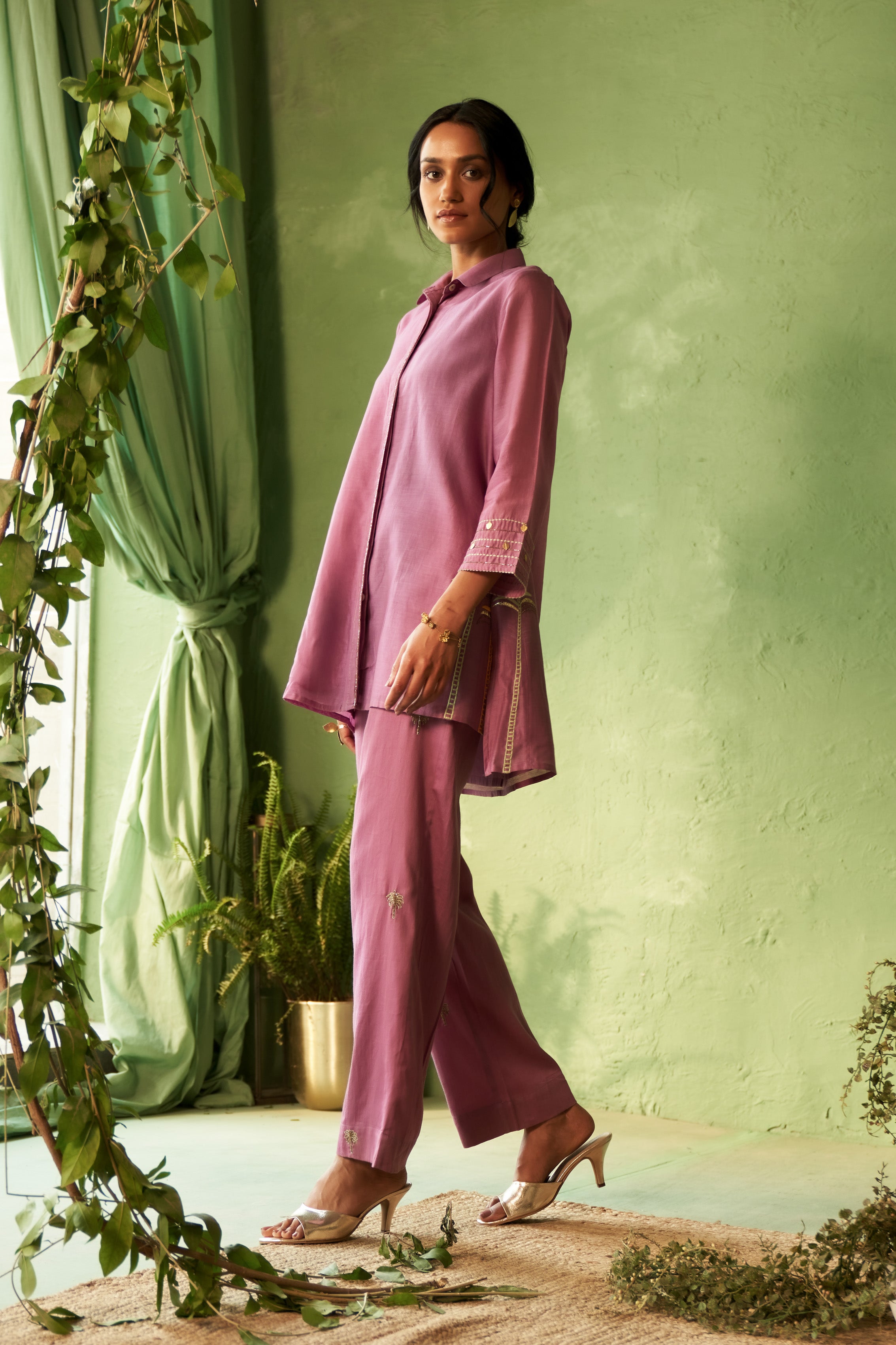 Collared Short Co-ord Set with Palm Tree Motifs