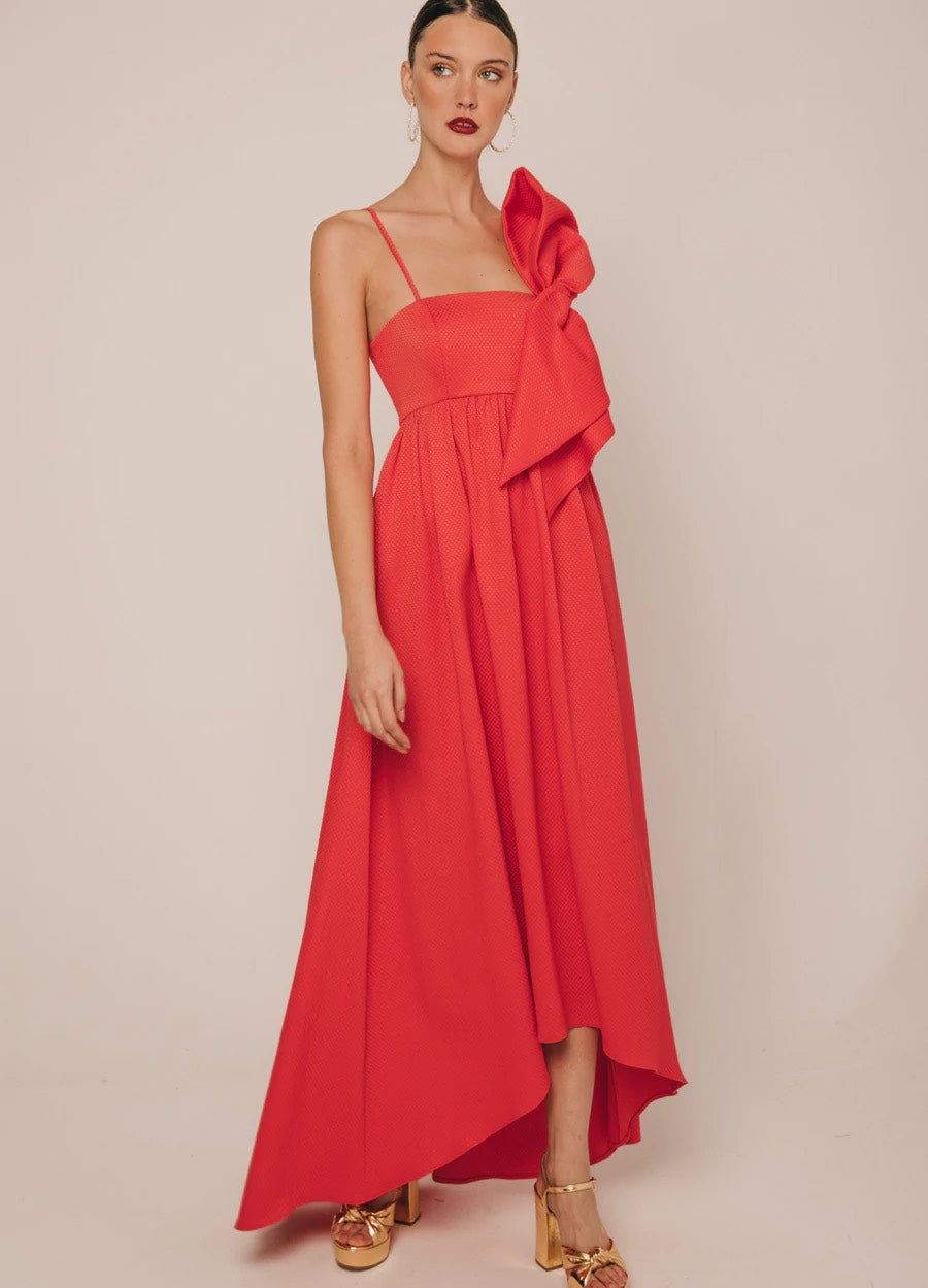 Khushboo & Pankaj - Persian Red One - Shoulder Bow Dress