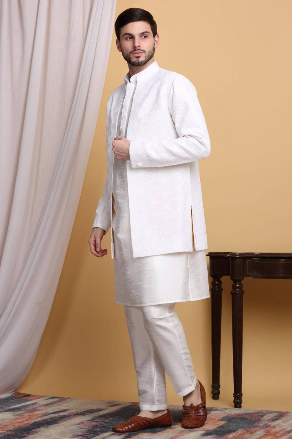 Nakkashkaari Embroidered Open Jacket Kurta Set - Ivory Cream