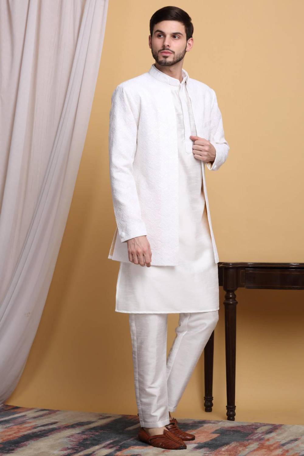 Nakkashkaari Embroidered Open Jacket Kurta Set - Ivory Cream