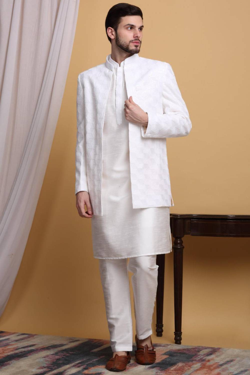 Kohima Embroidered Open Jacket Set - Ivory